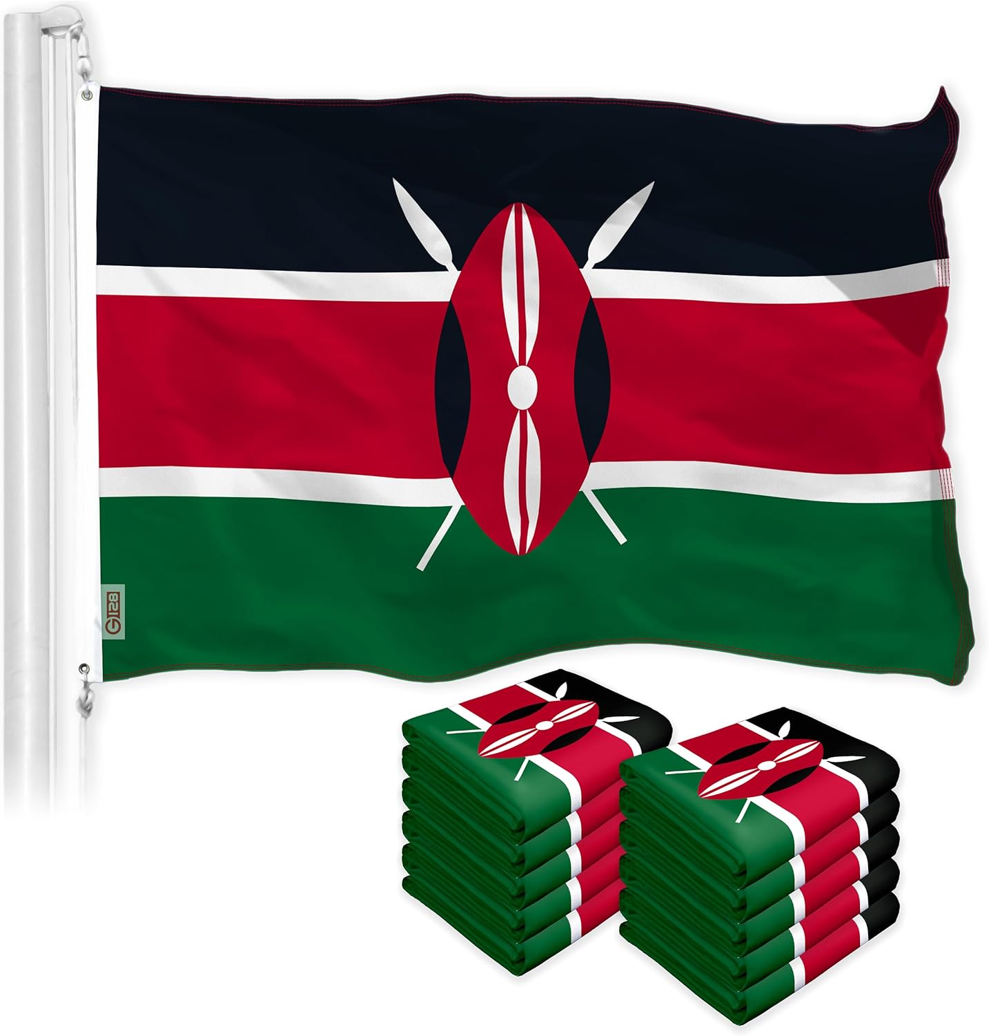 G128 2 Pack: Kenya Kenyan Flag | 3x5 Ft | LiteWeave Pro Series Printed 150D Polyester | Country Flag, Indoor/Outdoor, Vibrant Colors, Brass Grommets, Thicker and More Durable Than 100D 75D Polyester