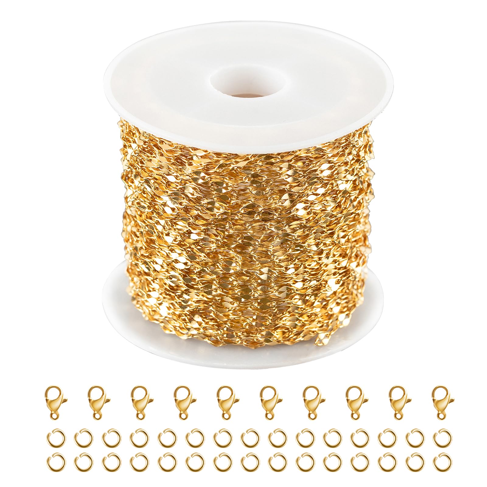 Kyutong 32.8 Feet Thin Stainless Steel Lip Chain Roll Gold Chain for Jewelry Making with Accessories for Necklace Choker Bracelet DIY Jewelry Craft