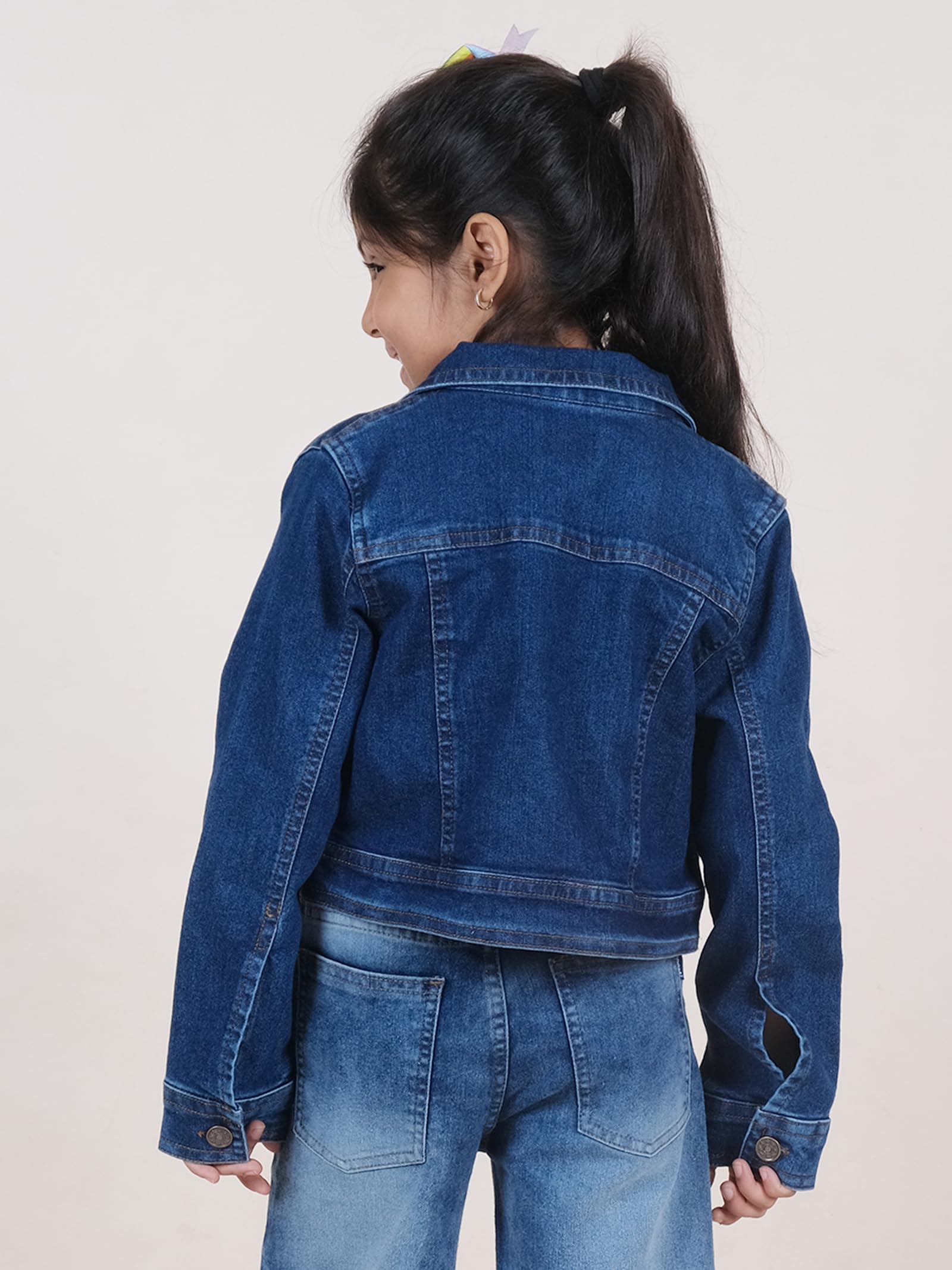Girls Full Sleeve Solid Crop Denim Jacket, Dk Rag Wash - 1-2Y 1