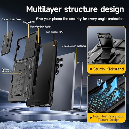 Miniatura 9 de Funda para Samsung Galaxy S25 Ultra con 2*Protectores de Pantalla, Cubierta Deslizante para Cámara, Soporte, Correa con Cordón, Grado Militar Negro