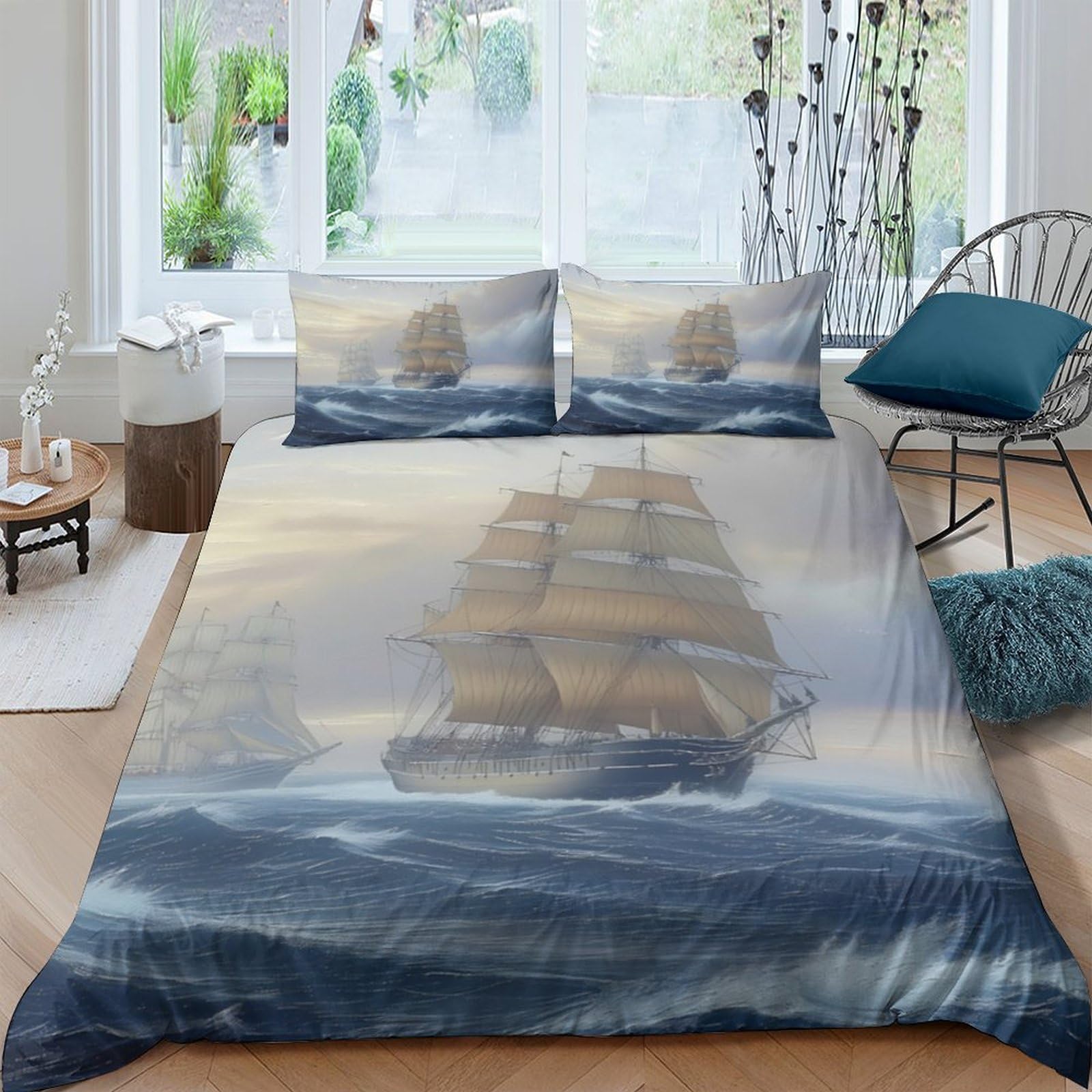 Ctjqhvkz Style-10 3D Printed Sailing Ship Fitted Sheet Microfiber Soft Ocean Wave Mattress Cover Bedroom Decor Anti-Slip Washable Single（135X200cm）