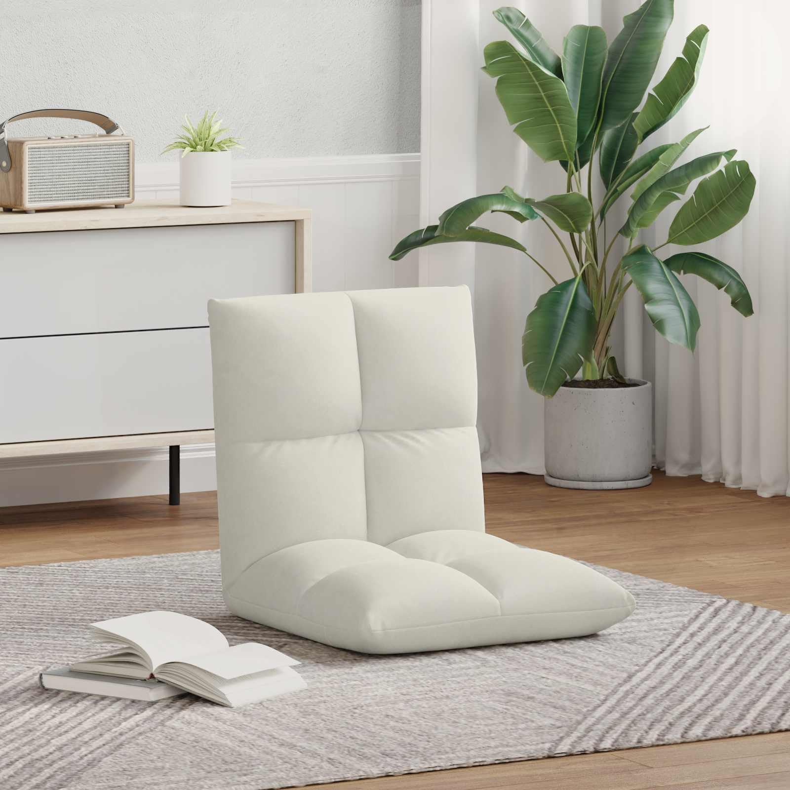 Krzesło podłogowe, kremowe, aksamitne, z regulowanym oparciem, 50 x 61 x 57 cm, składane, wyściełane, ergonomiczne, do jogi, czytania, gier, biura, zajmuje mało miejsca