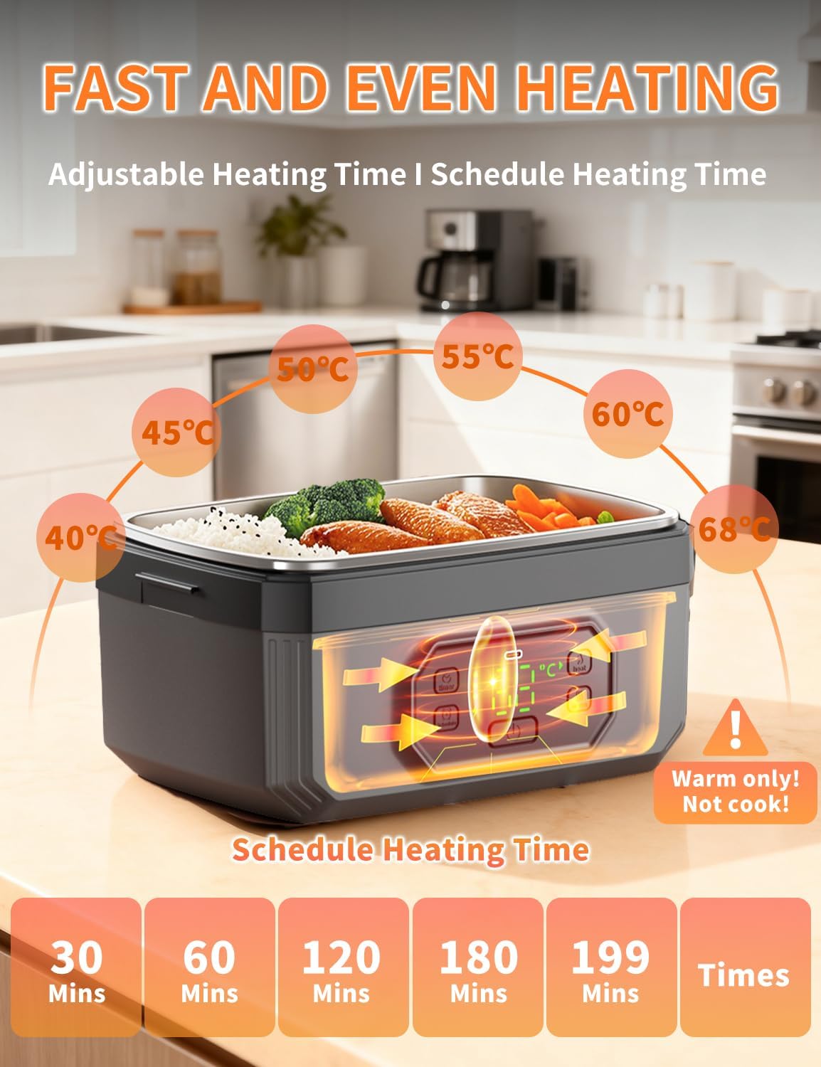 Self Heating Lunch Box, 1.6L Cordless Electric Lunch Box with 24000mAh Rechargeable Battery, Wireless Heated Lunchbox Food Warmer, Leakproof for Office, Car, Truck & Outdoor