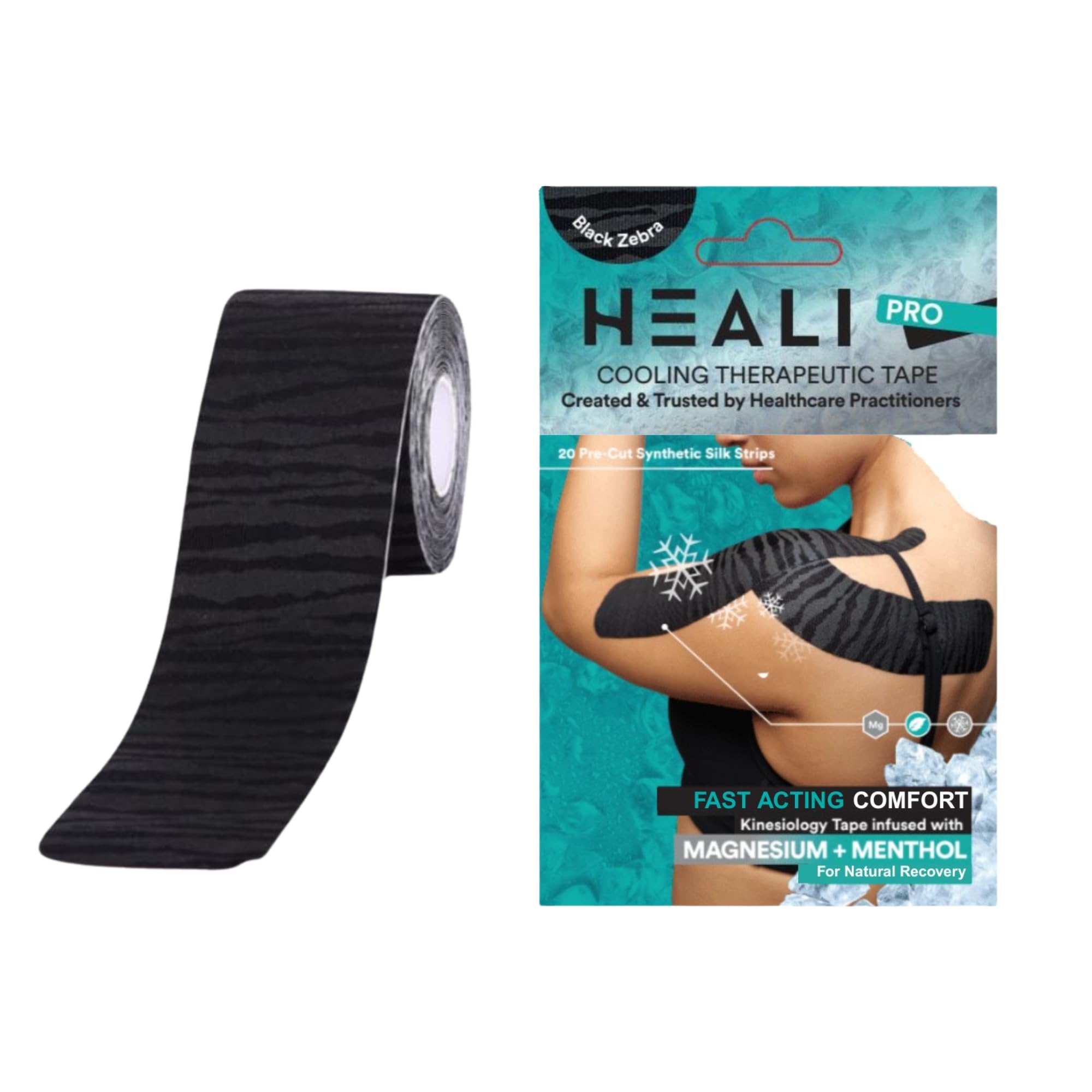 Heali Vorgeschnittenes Kinesiologie-Tape mit Magnesium und Menthol – Rolle – 20 Streifen – 5 cm x 25 cm – reduziert Schmerzen, synthetische Seide, latexfrei, hält 4–7 Tage, schwarzes Klebeband mit