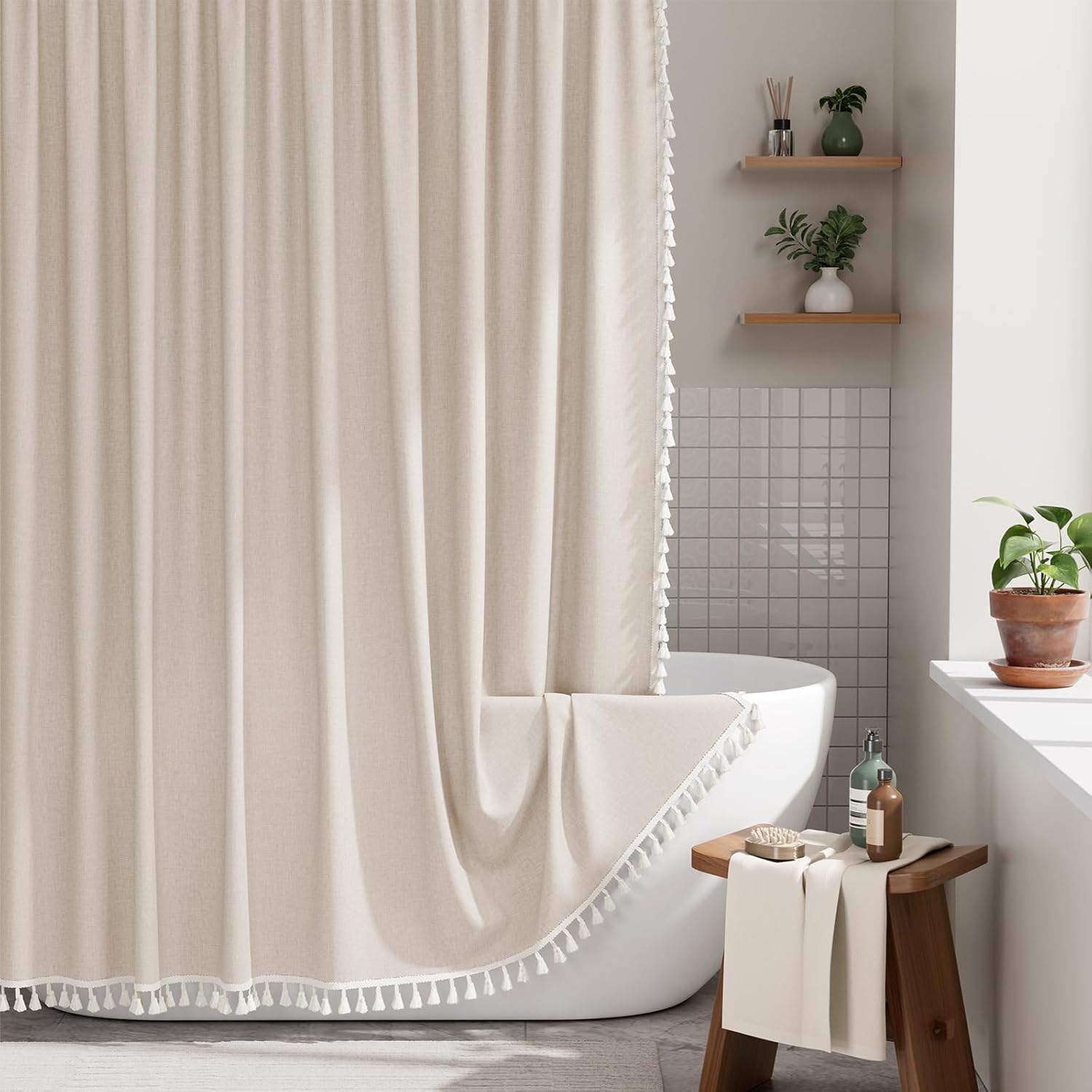 AmazerBath Boho Shower Curtain Set, Rustic Faux Linen Sage Green Striped Shower Curtain with Hooks, Modern Farmhouse Shower Curtain with Tassels, White Base Toned, 72x72 Inches