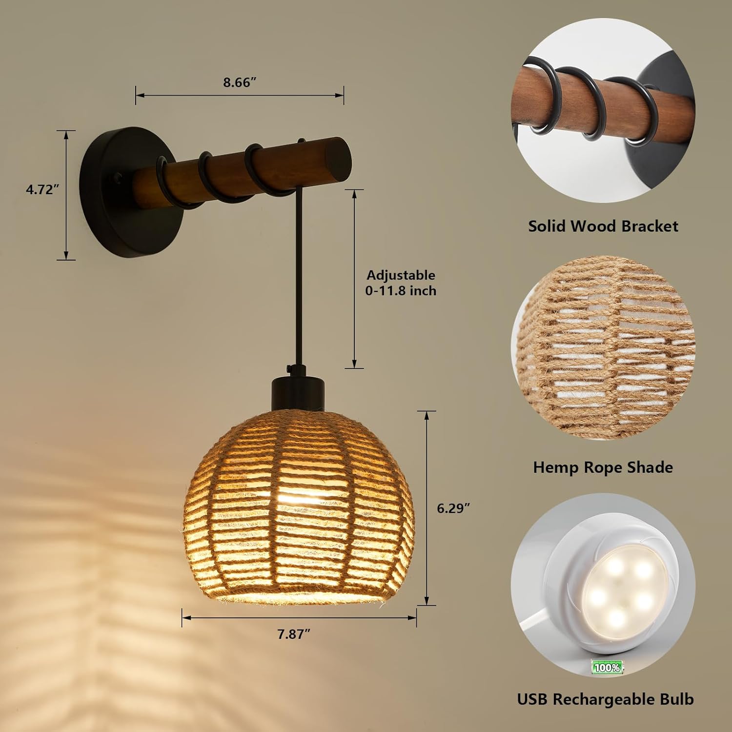 SGLfarmty Battery Operated Wall Sconces Set of 2, Farmhouse Rechargeable Battery Powered Wall Light with Wooden Arm & Remote Control, 3 Colors Dimmable Hemp Rope Wall Lamps for Bedroom, Living Room