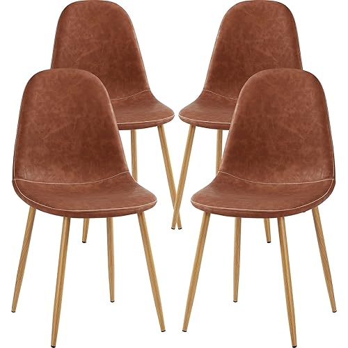 GreenForest Dining Chairs Set of 4, Mid Century Dining Kitchen Room Chairs, Modern Upholstered Dining Chairs with Soft Faux Leather Cushion Seat and Metal Legs, Side Chairs for Living Room, Dark Brown