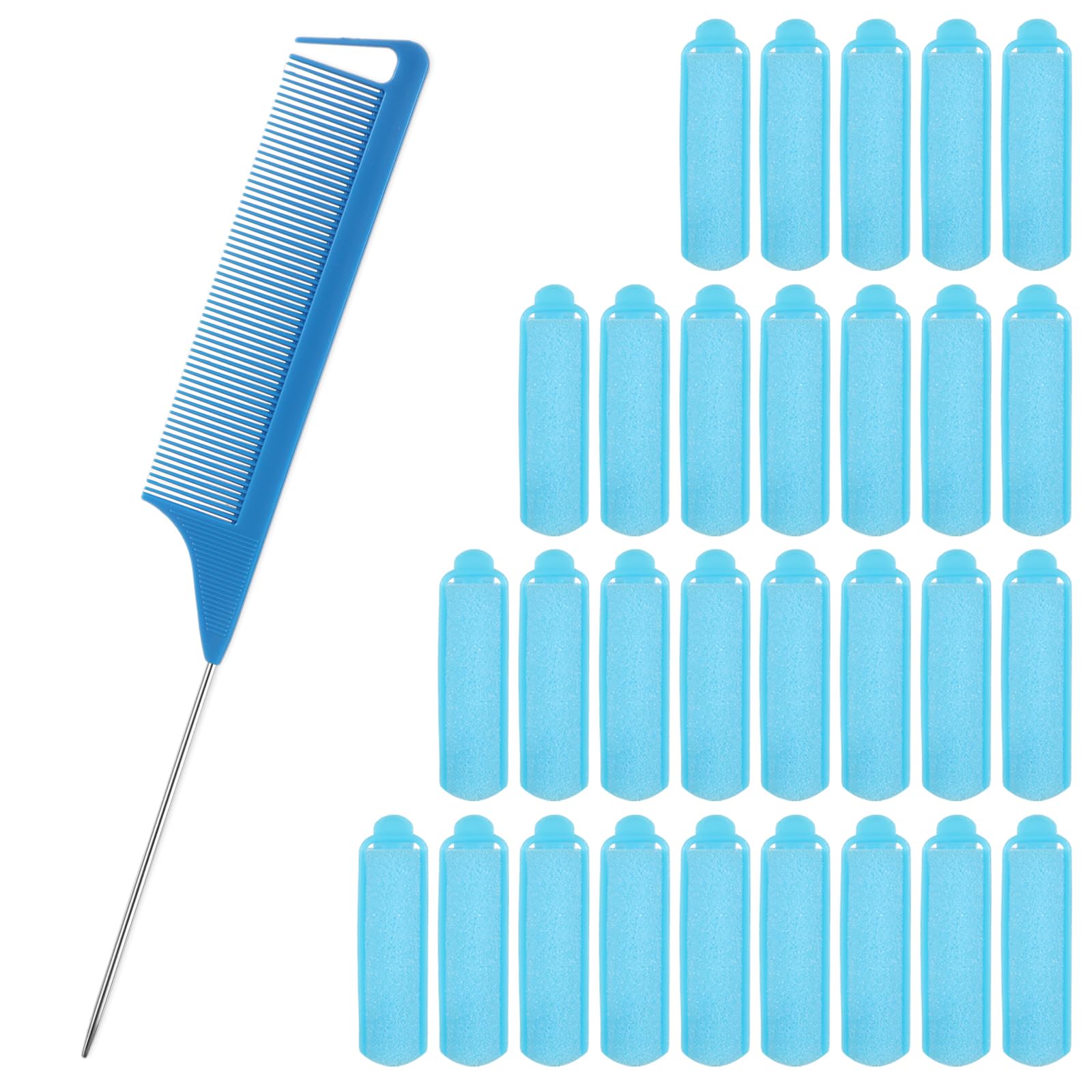 29Pcs Sponge Hair Rollers Set, Foam Roller Fluffy Hair Curlers, No Heat Flexible Sponge Curler and Rat Tail Comb, Not Deformed for Roll, Set, Makeup, Hairdressing, Women, Barber, Kid(Blue)