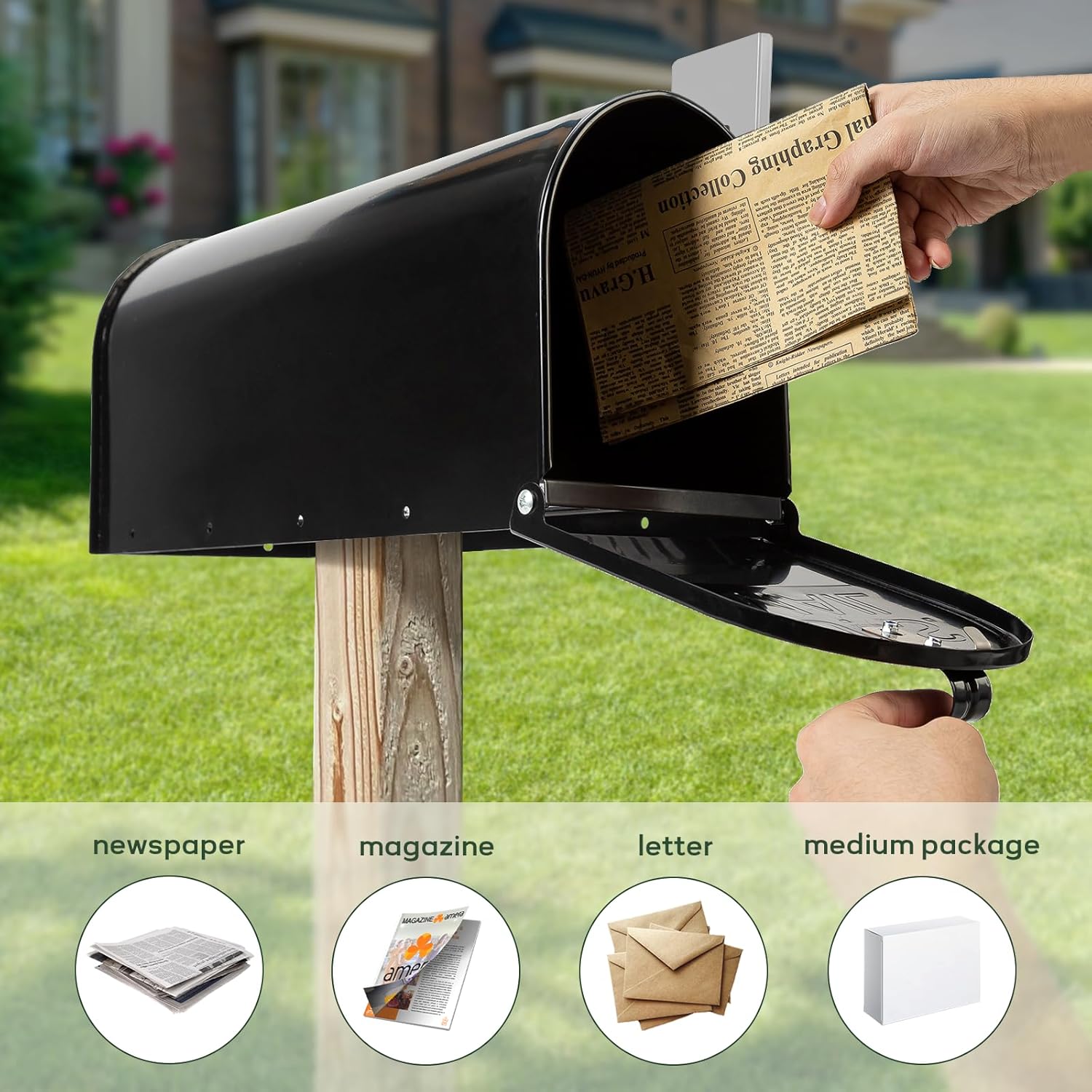 Black Post-Mount Mailboxes for Outside, RAINHOL Metal Mailbox, Galvanized Steel Outside Mail Boxes, Medium Capacity, 19 x 8.7 x 6.7 Inches Black(grey Flag)