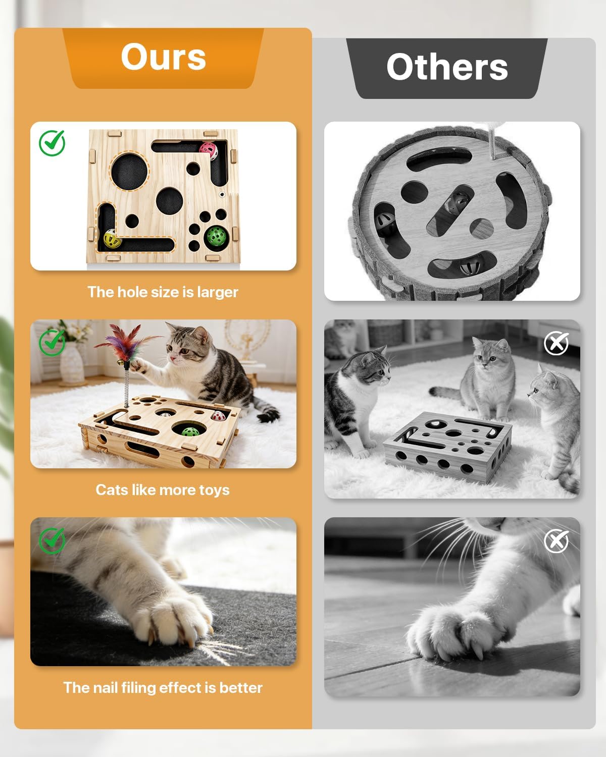 Cat Scratch Puzzle Enrichment Box, Large Solid Wood Construction Cat Nail File Enrichment Box with Sandpaper Inside, Cat Nail File Box Stress Free Alternative to Clippers and Grinders