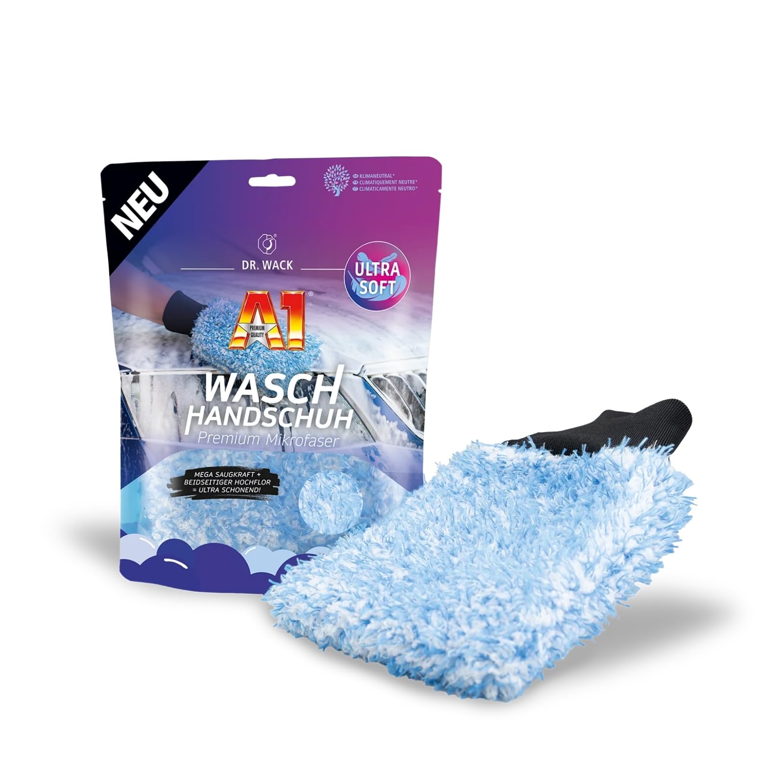 Dr. Wack - A1 Waschhandschuh Auto - Premium Mikrofaser - Ultra-Soft & extrem saugstark - beidseitig Hochflor für eine kratzfreie Autoreinigung - langlebig & umweltfreundlich - Hochwertige Autopflege