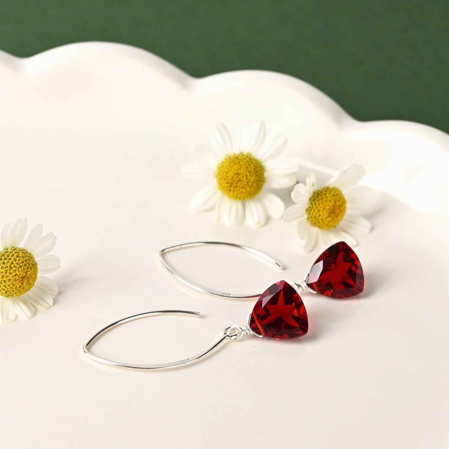 Ruby Red Trillion 14k Gold Plated Sterling Silver Dangle Earrings for Women – Handmade in Utah Red Quartz Gemstone Earrings in Gift Box - Lightweight Vintage Dangling Drop