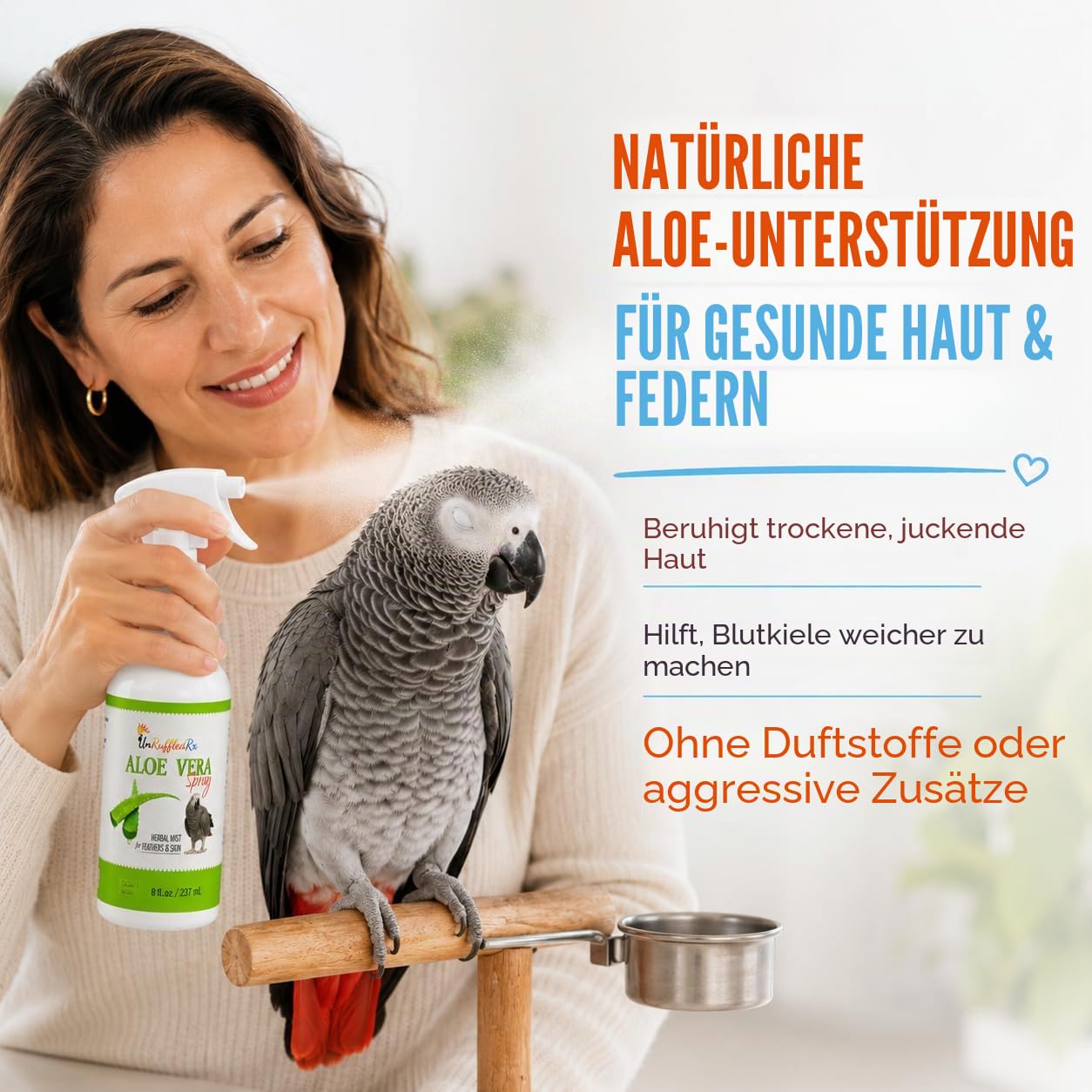 Aloe Vera Vogelspray für alle Vögel, beruhigt juckende Haut und Federzupfen, 237 ml, geruchsfreier Nebel, sicher bei Einnahme, täglicher Gebrauch, macht Federn weich, natürliche Formel, hergestellt in
