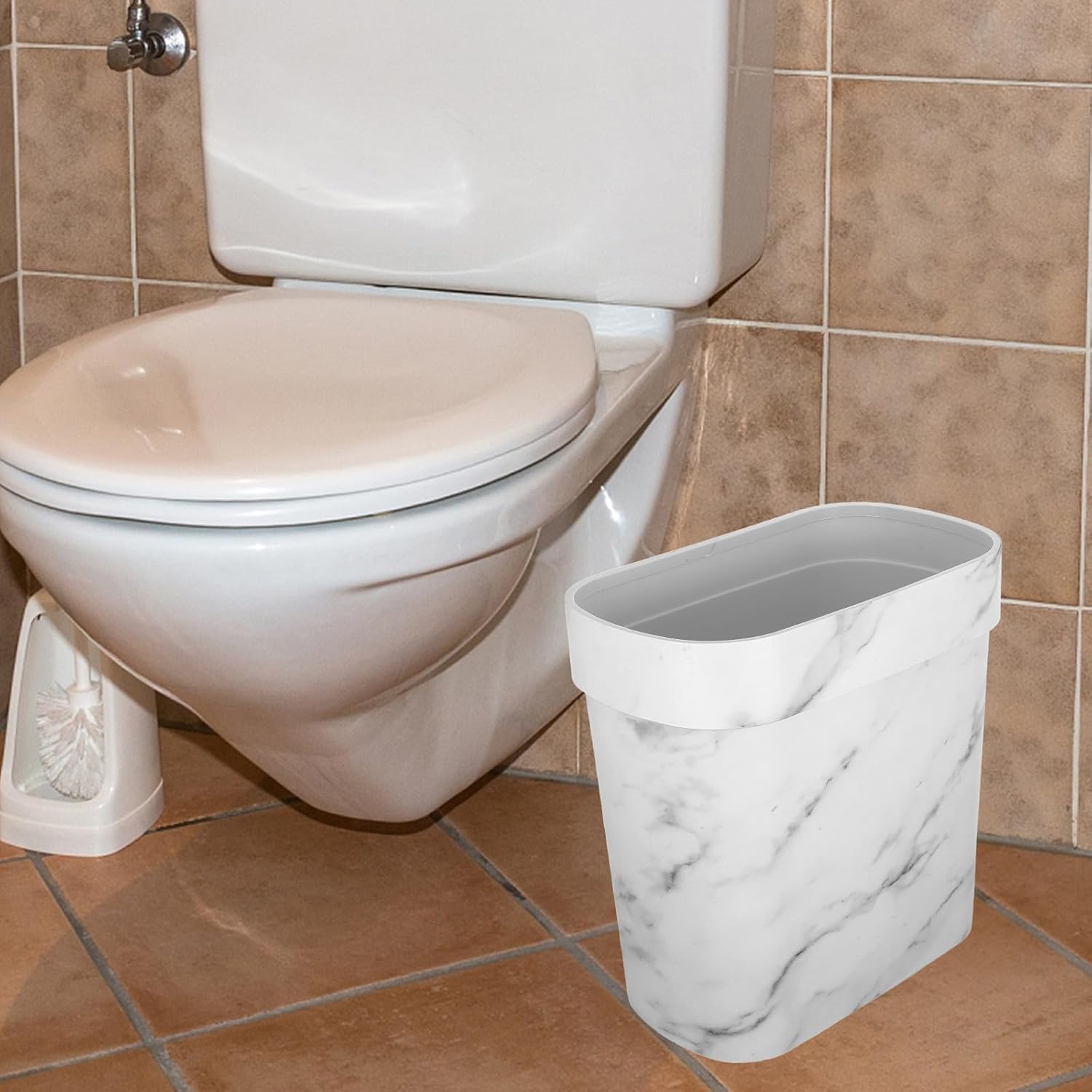 Narrow Plastic Trash Can Marble Pattern Oval Garbage Bin Open Top Bathroom Kitchen Wastebasket for Home Storage and Organization