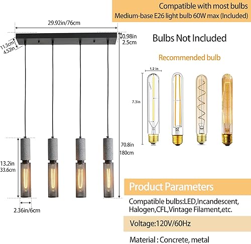 Miniatura 2 de Lámpara colgante lineal de hormigón de 4 luces con pantalla de malla metálica, moderna iluminación colgante industrial de cemento para cocina, isla,