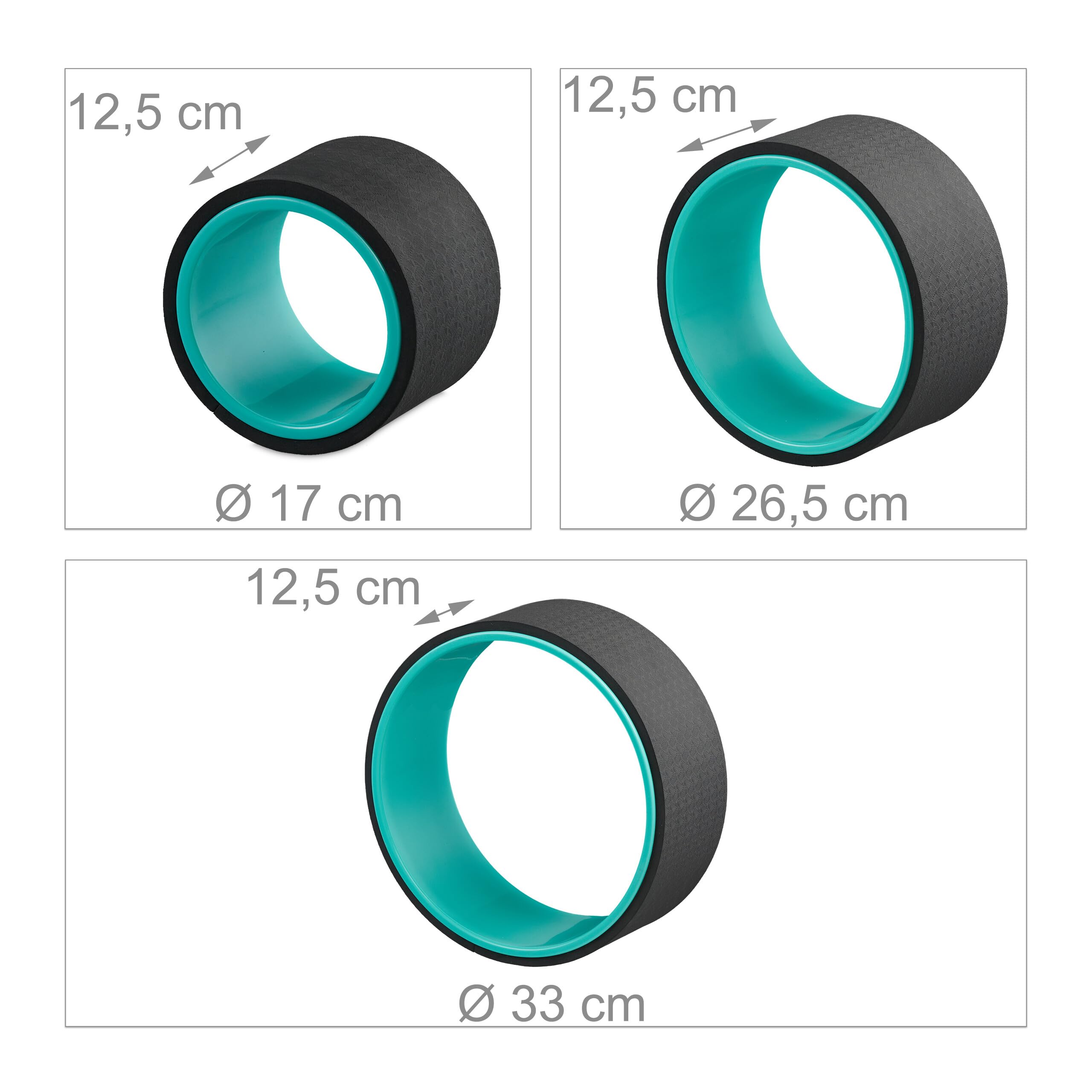 Relaxdays Roue de Yoga en Lot de 3, D : 33, 26,5 et 17 cm, avec 2 Sangles, pour étirements, Plastique, Turquoise/Noir