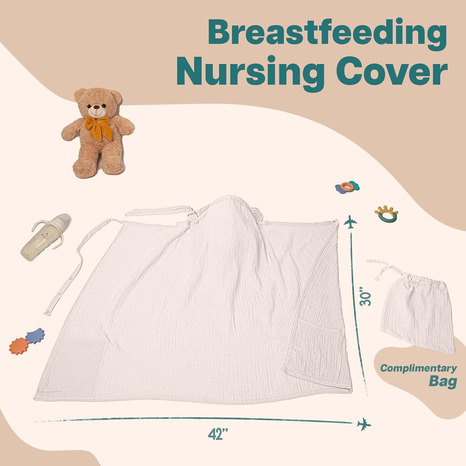 Muslin Nursing Cover - Large 42x30 Inches Nursing Cover Up for Breastfeeding | Breast Feeding Covers for Women with 2 Pockets, Carry Bag, Muslin Cotton, Stylish & Comfortable Design Beige image 2 of 7 B0DJPW4N3D
