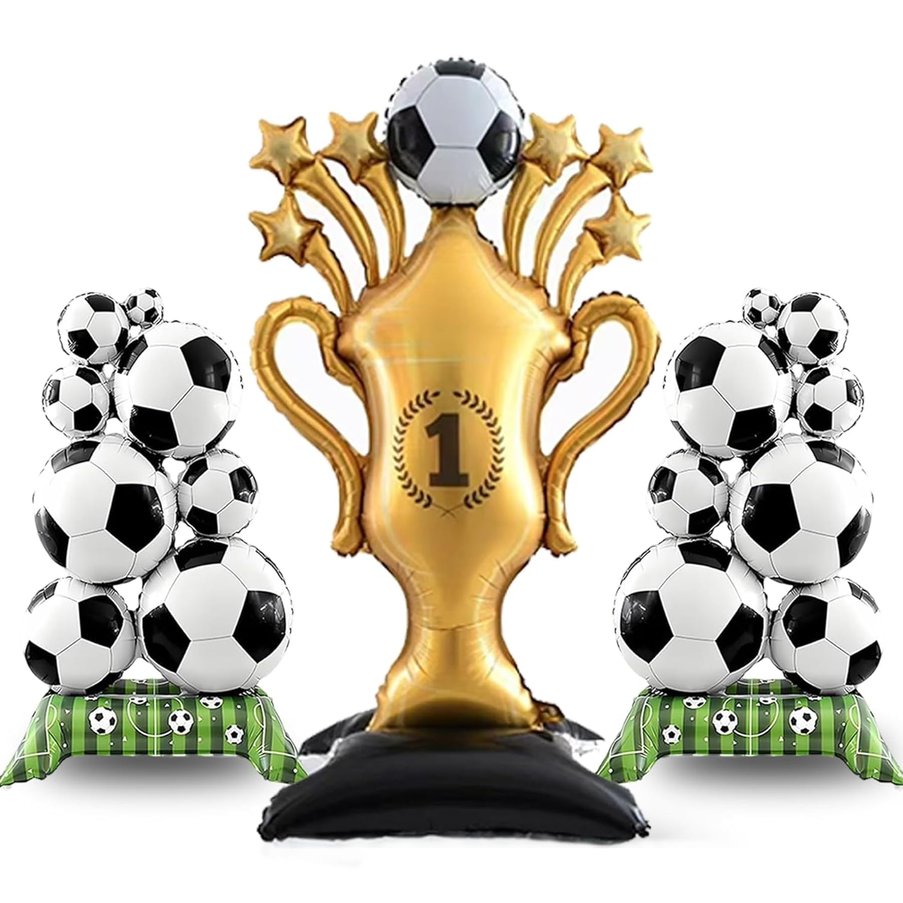 3 Pcs Giant Self‑Standing Football Foil Balloons Set, Large Gold Champion Trophy Balloon (82 x 150 cm) & 2 Football Balloons (56 x 98 cm), Decor for Matches, Fan Gatherings & Championship Parties