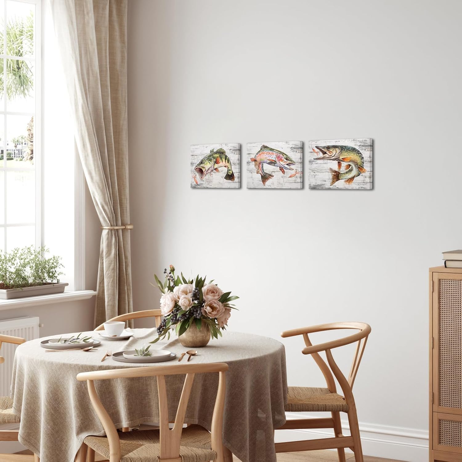 KREATIVE ARTS Marine Life Canvas Wall Art - 12x16 Inch Set of 3, Featuring Largemouth Bass, Rainbow Trout, Northern Pike - Modern Abstract Fish Paintings for Living Room, Bedroom, Bathroom Decor