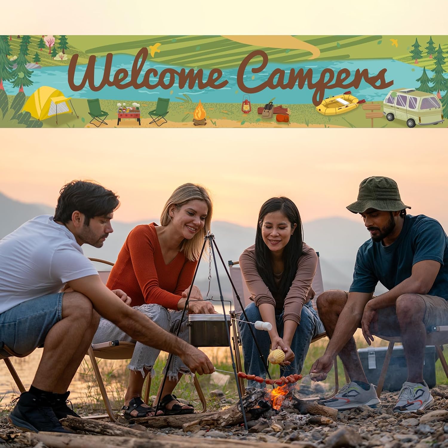 Welcome Campers Banner - Camping Theme Birthday Party Decoration, Family Camp Day Party Decor, Forest Adventure Baby Shower Party Yard Backdrop 8.2 * 1.6ft image 5