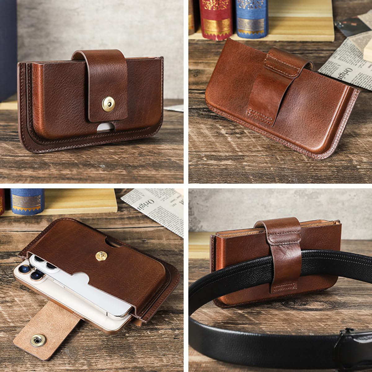 Herren Echtleder Handy Holster Gürteltasche, Handgefertigte 6.1/6.9 Zoll Dual Pocket Handy Gürtelholster, Kompakte Horizontale Handyholster Tragetasche für iPhone 16 15 14 Plus 13 12 Pro Max Coffee
