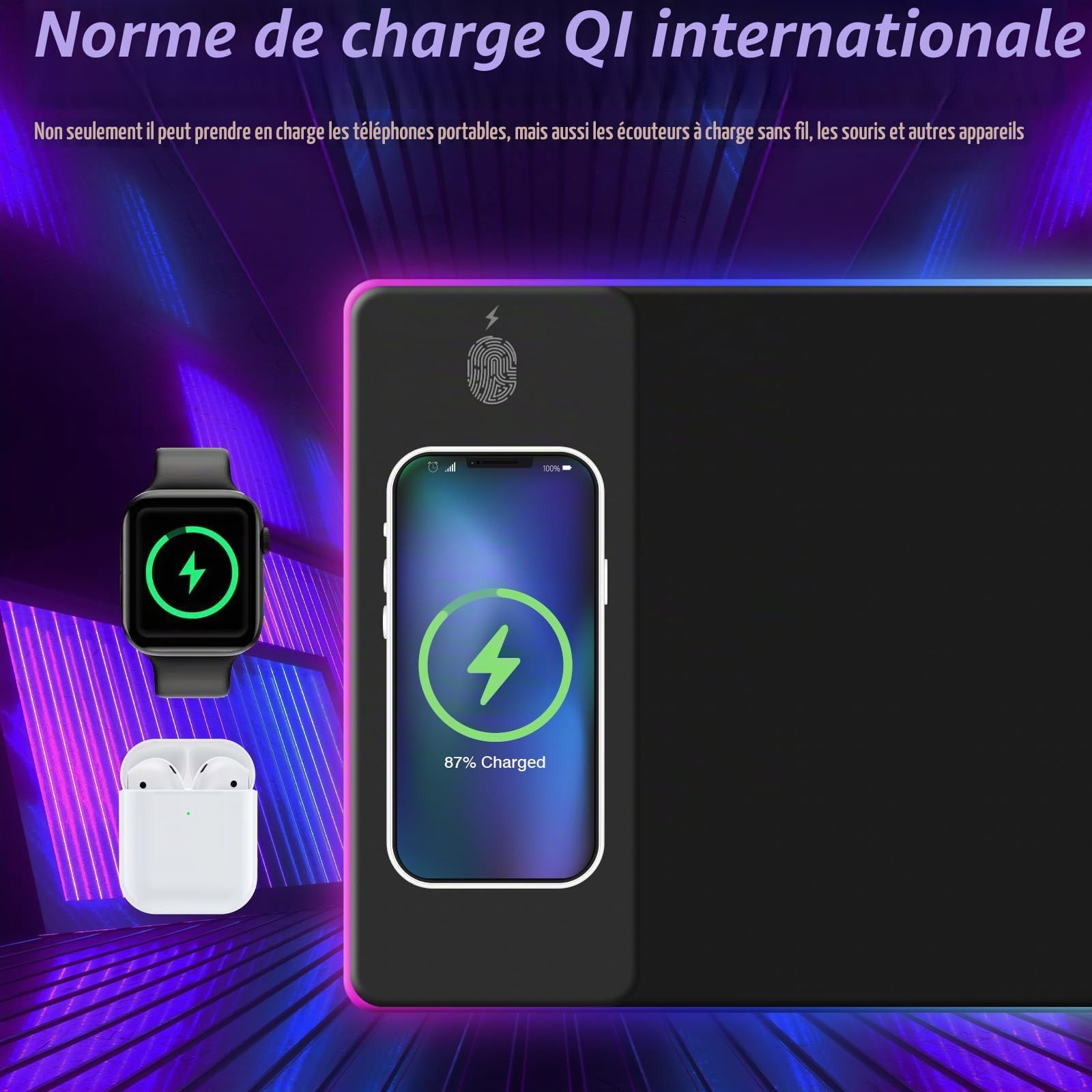 Tapis de Souris de Jeu RGB avec Charge sans Fil 15W, 14 Modes d'éclairage LED, Taille XXL 800x300x4mm, Base en Caoutchouc antidérapante pour Gaming, MacBook, PC