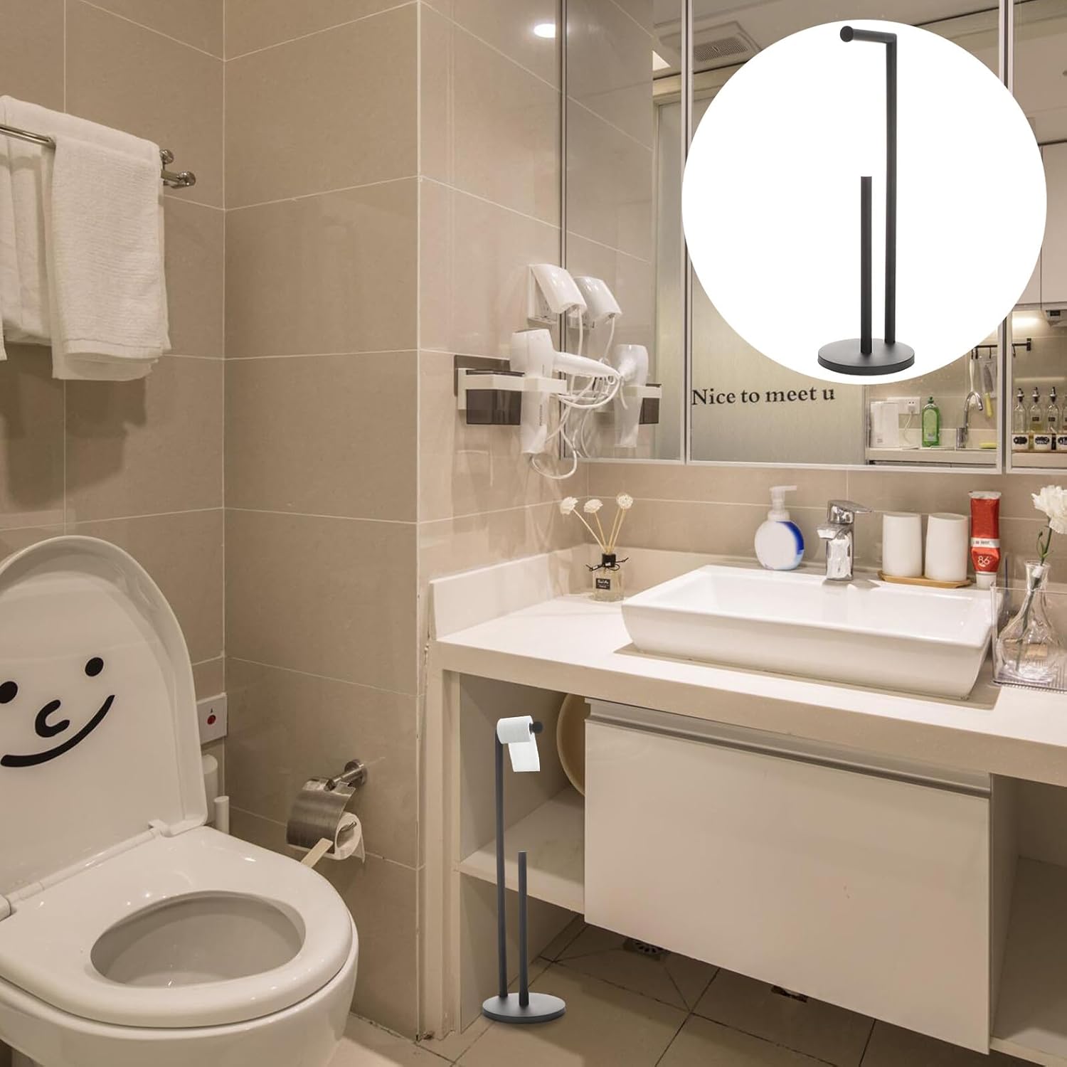 Vertical Toilet Paper Holder and Paper Towel Stand with Tissue Storage Organizer for Bathroom Matte Black Vertical Roll Holder for Toilet