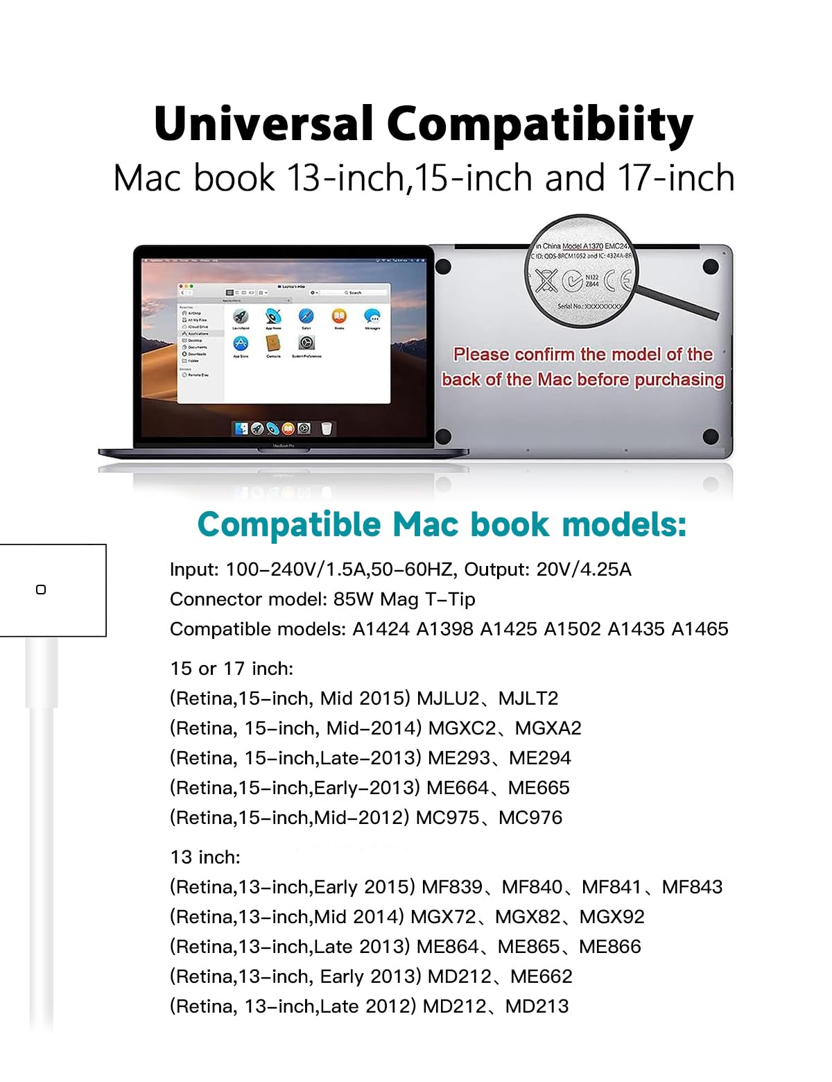 Chargeur 85W Ordinateur Portable Adaptateur Magnétique Compatible MacBook Air Pro 13 15 17 Pouces 2012-2017 A1398 A1425 A1424 A1465 A1466 A1502