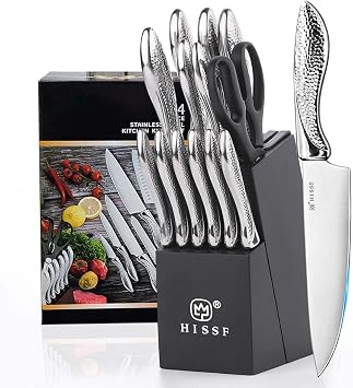 Knife set, HISSF Knife Set for Kitchen with Block, 14 Piece Kitchen Knife Set with Built-in Sharpener, Professional High Carbon Stainless Steel Kitchen Knives For Chopping, Slicing, Dicing