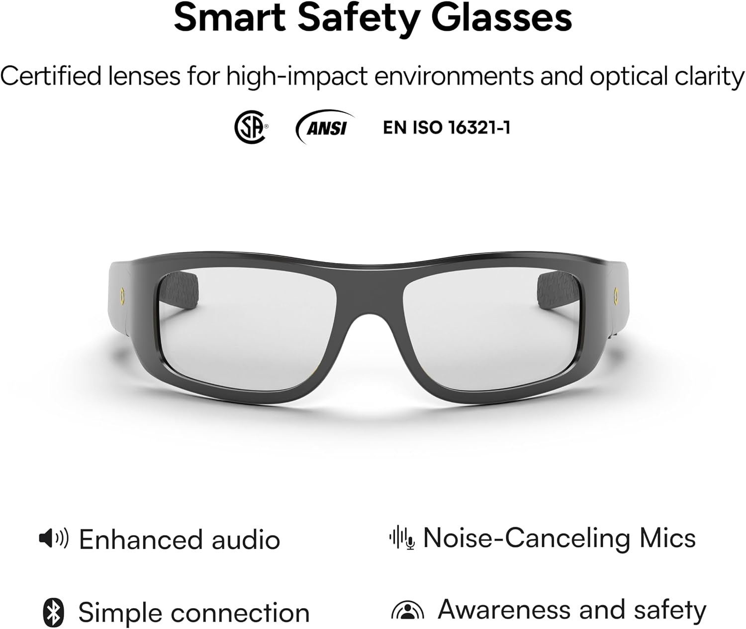 Lucyd Armor Smart Safety Glasses, TR90 Frame, Light Adaptive Lenses, Open Ear Speakers & Microphone - ANSI Z87.1