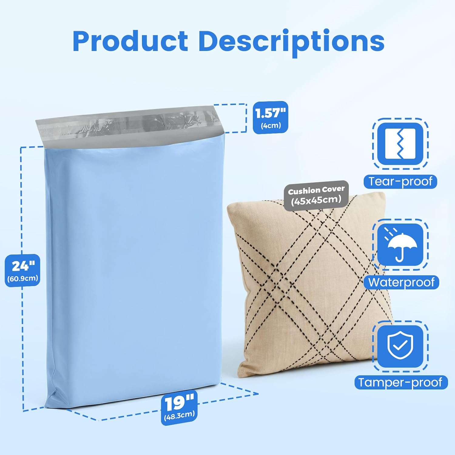 Metronic Poly Mailers 19x24 250Pc Large Shipping Bags for Clothes,Heavy Duty Shipping Envelopes for Small Business,Strong Adhesive Self-Seal Plastic Mailing Bags for ECommerce Packaging, Light Blue