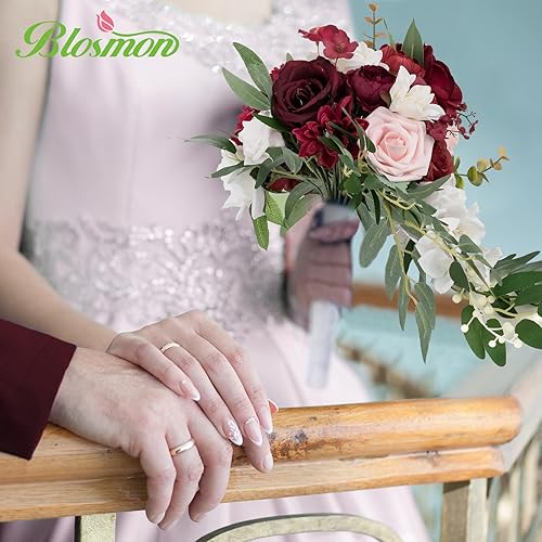 Miniatura 3 de BLOSMON Flores artificiales, ramos de novia de 10.2 pulgadas, color borgoña y rubor para novia, ramo de rosas falsas en cascada para ceremonia de