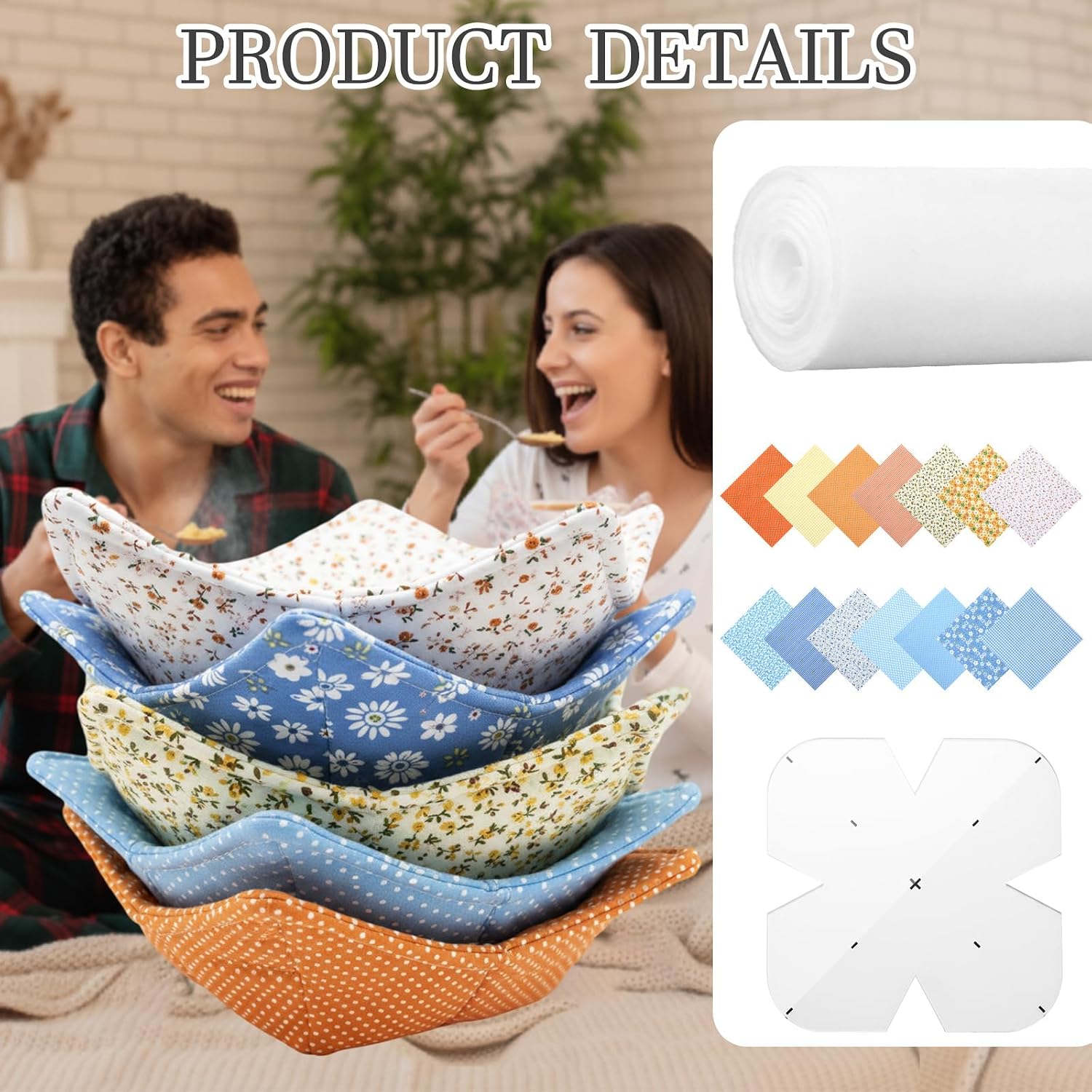 Hahafelt 10 x 196 Inch Bowl Cozy Batting for Microwave with Bowl Cozy Template Cutting 8 x 8 Inch, 14 Pieces Quilt Fabric, 6 Pieces Multipurpose Sewing Clips for Sewing DIY Batting Plate Holder
