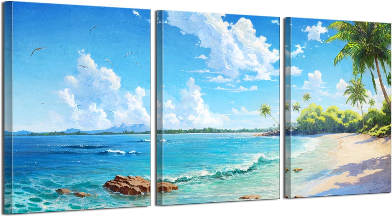 LUNGHANARTS Wall Art Ocean Waves Beach Coconut Tree Painting Coastal Scenery Decor oil painting Canvas Prints for Living Room Bedroom Kitchen Home and Office Wall Decor Set of 3 (green, 12INx16INx3) 16"L x 12"W green