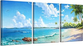 LUNGHANARTS Wall Art Ocean Waves Beach Coconut Tree Painting Coastal Scenery Decor oil painting Canvas Prints for Living Room Bedroom Kitchen Home and Office Wall Decor Set of 3 (green, 12INx16INx3)