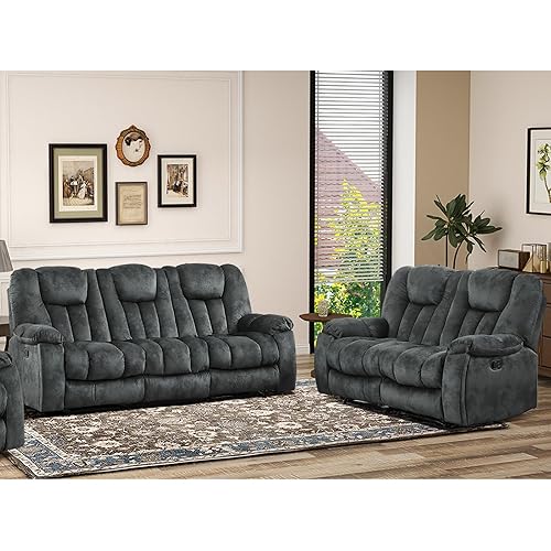 EBELLO 2 Pieces Recliner Sofa Chair Furniture Set, Overstuffed Reclining Loveseat Couch and Wide 3PC Bonded Recliner Sofa Set for Living Room, Grey (Loveseat+Sofa)