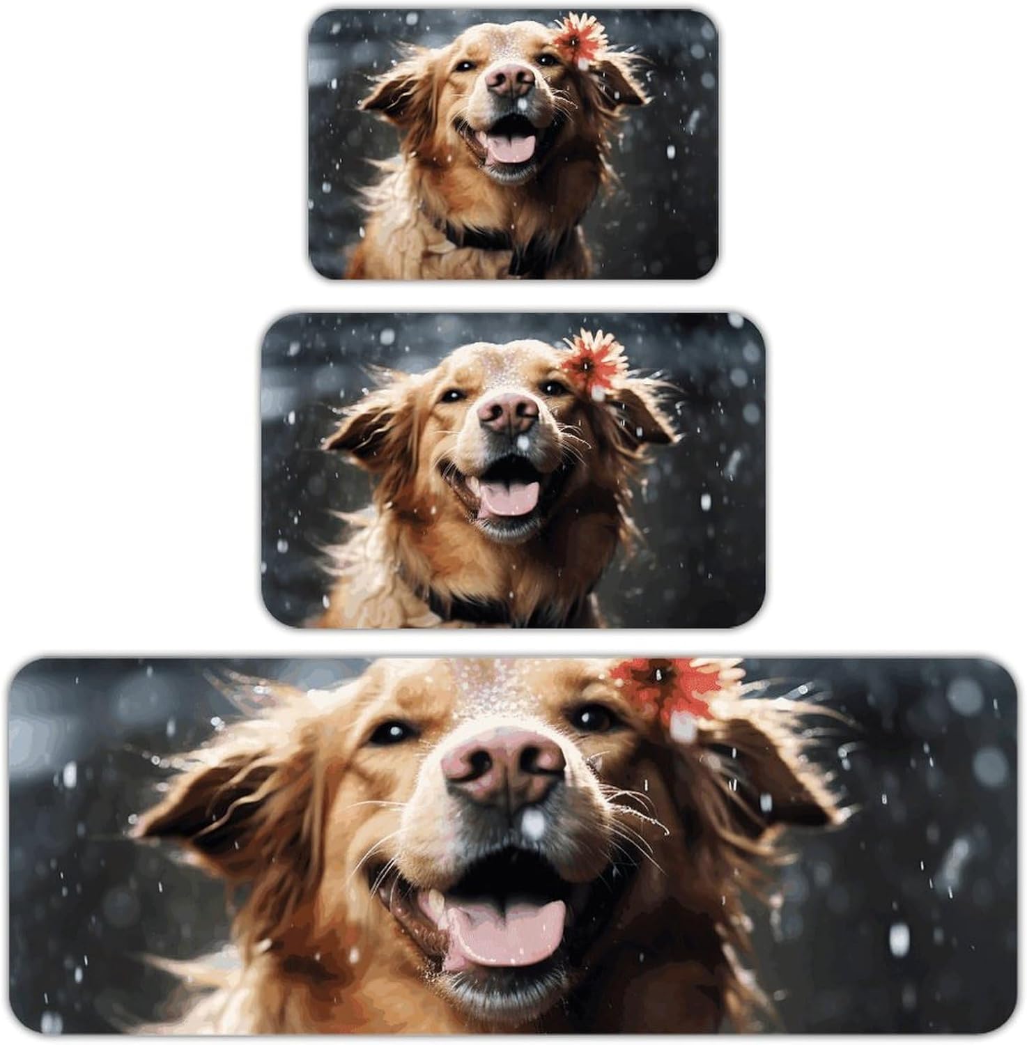 Happy Dog in Rain Kitchen Mats for Floor 3 Pcs Kitchen Rugs