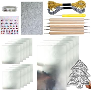 15Pcs Embossing Foil Sheets - Gold/Silver Foils, Decorative Metal Sheet Embossing Tools, with 2 Rolls Wire, Engraving Tools, Artwork Making Kit, for Painting Gilding Crafting Decoration 1Set*Silver