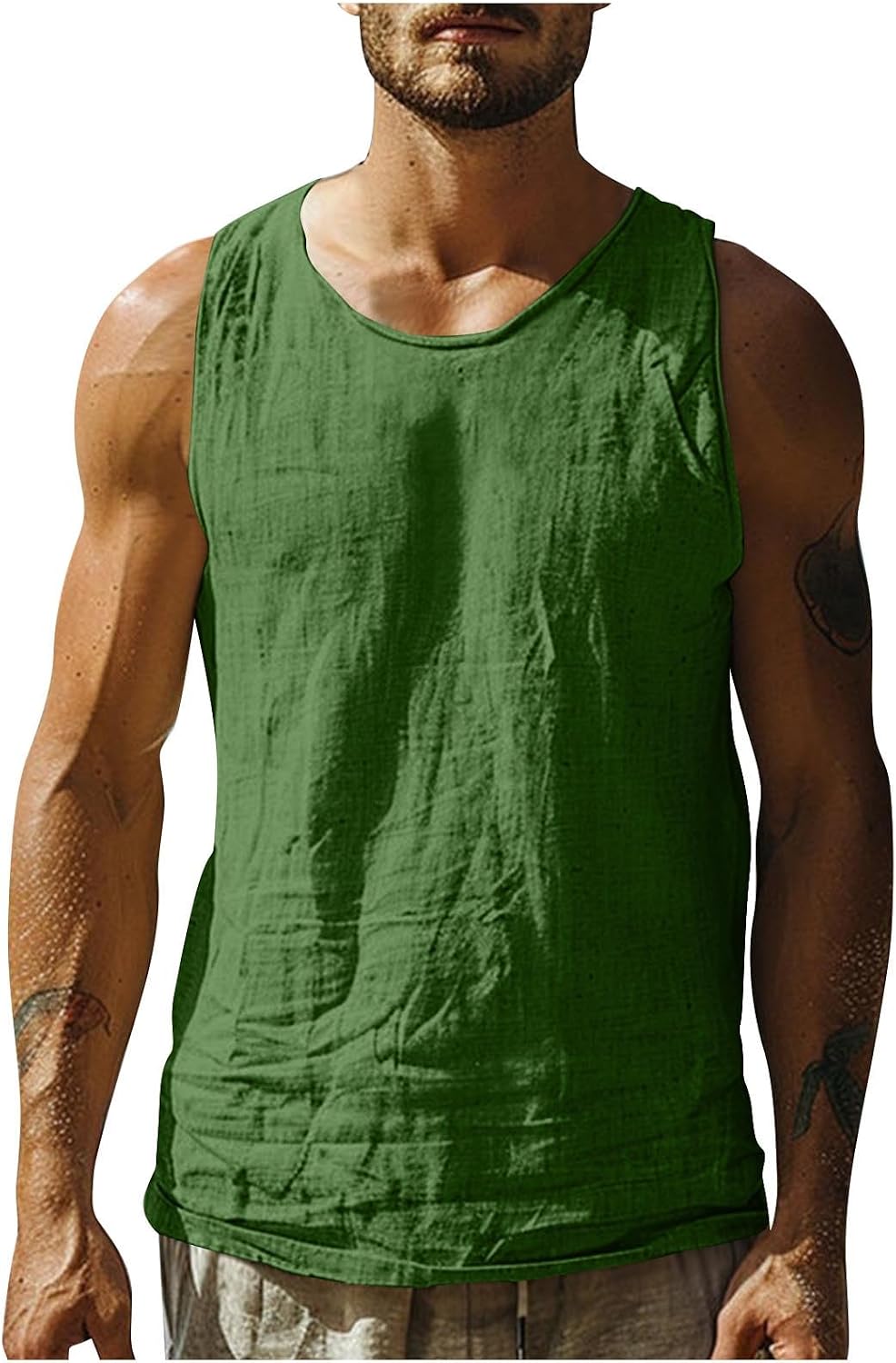 Men's Retro Sleeveless Top Cotton Linen Fitness Sports Solid Color Round Neck Vest Breathable Gym Workout Tank Tops