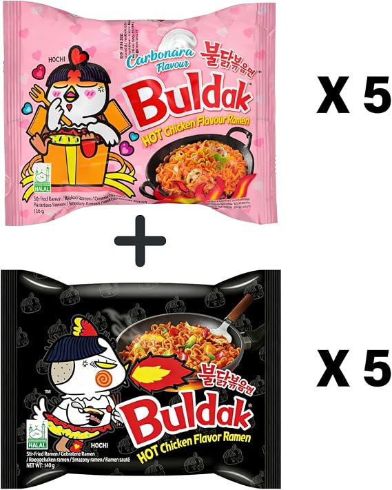 Buldak Noodles Hot Chicken Flavor Ramen 10 Pack - Ramen Instant NoodlesExcellent for Snack and Soups (Carbonara +Original)