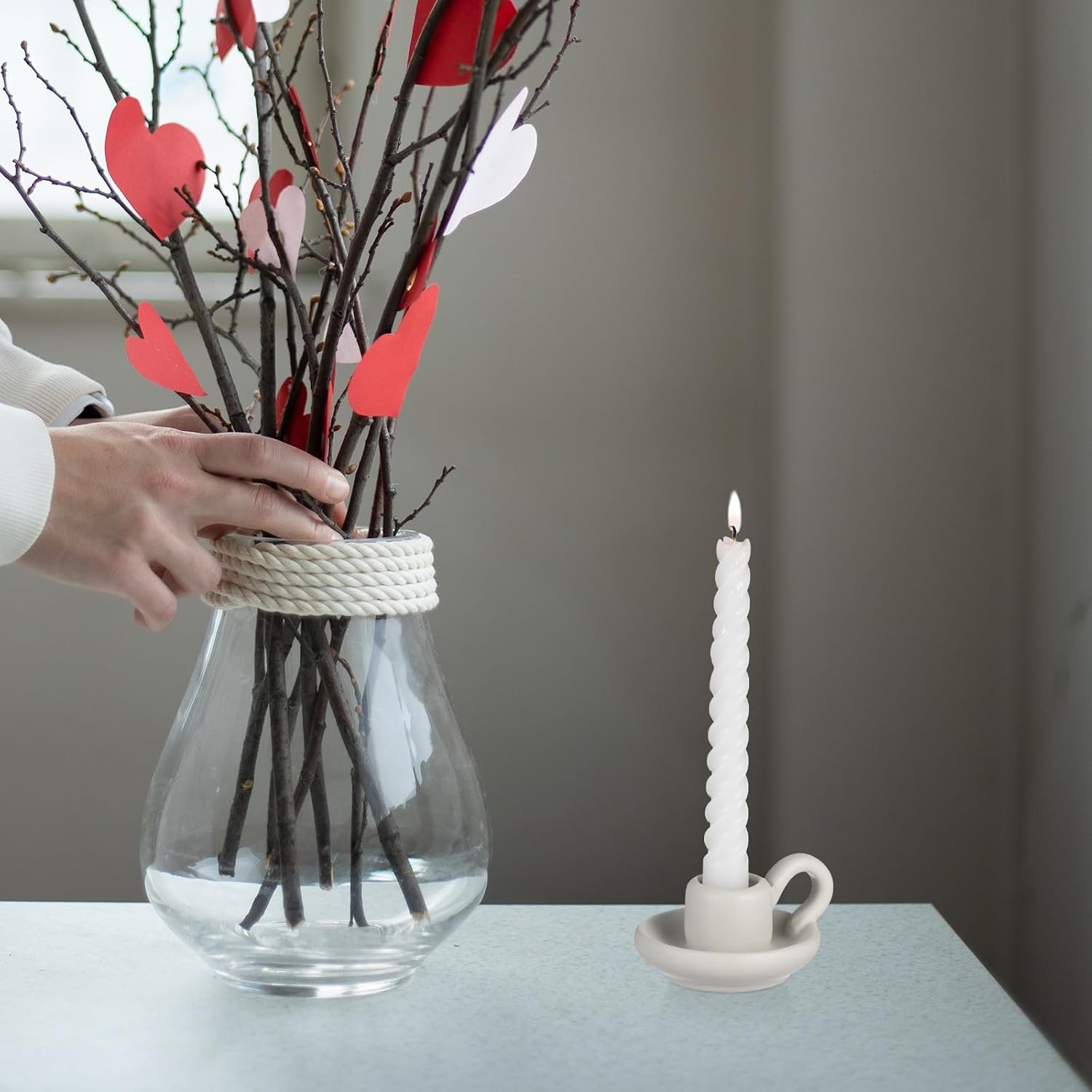 DOITOOL Ceramic Candle Holder with Handle White Taper Candle Holder Nordic Style Ceramic Candlestick Holders for Wedding Halloween Christmas Table Decoration Display (9.5 x 7cm) 2PCS