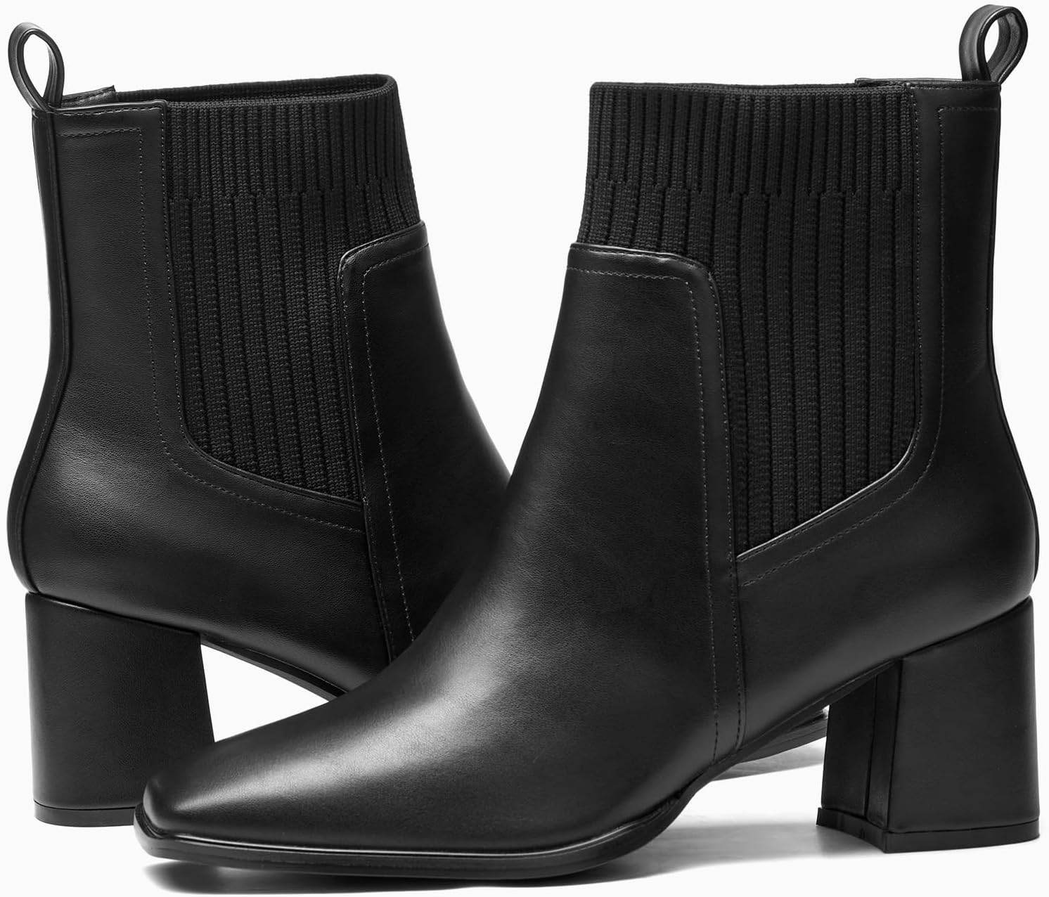 Coutgo Women's Slip On Ankle Boots Chunky Block Heel Square Toe Splicing Dress Sock Booties