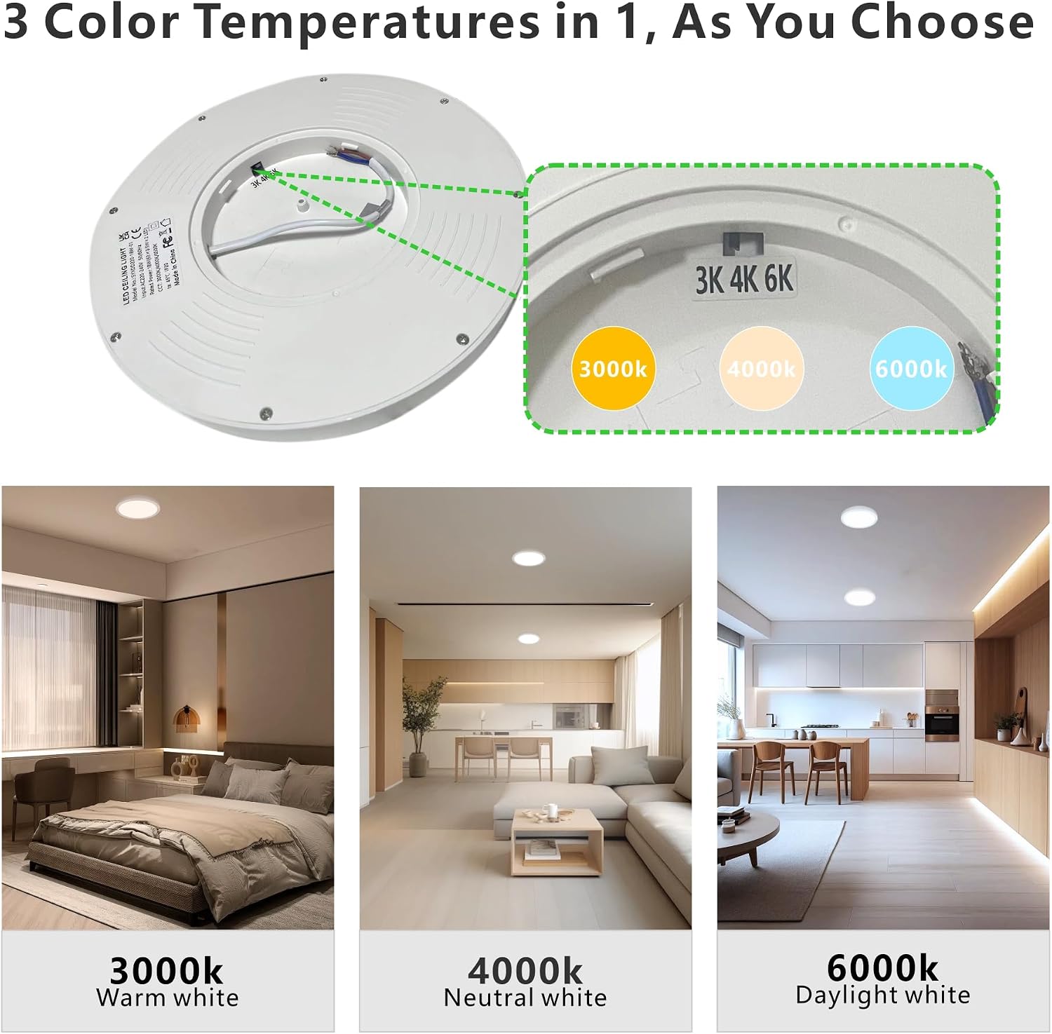 18W LED Ceiling Light, 1600LM Bathroom Ceiling Light,3 Color Selectable 3000K/4500K/6000K 22cm Thin Round Light Fixture for Bedroom, Kitchen,Dining Room,2pcs