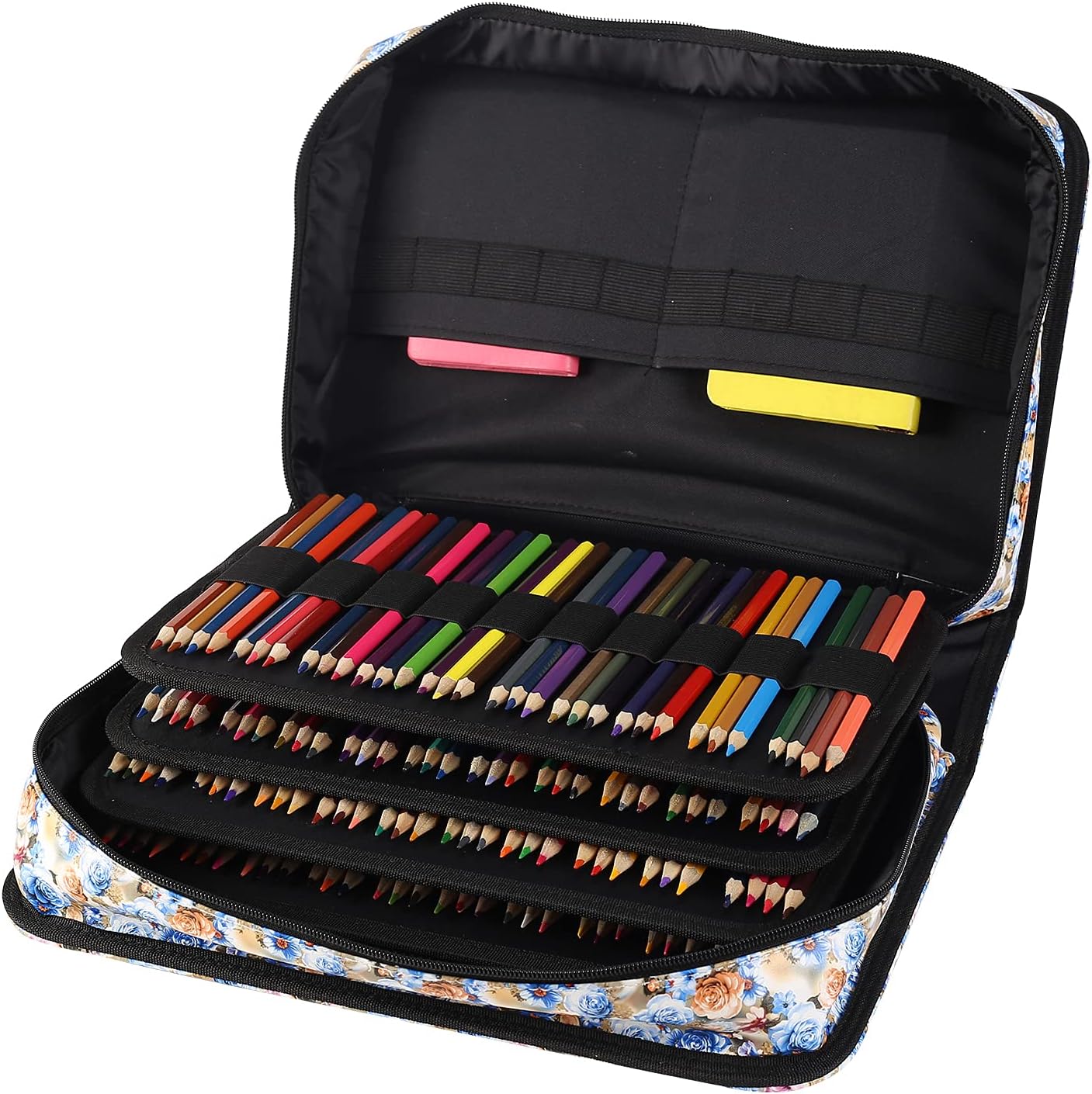 Colored Pencil Case Slot Holds 270 to 290 Pencils or 180 to 190 Color Gel Pens with Zipper Large Capacity PU Leather Pen Organizer Bag with Shoulder Strap for Artists (Blue Floret)