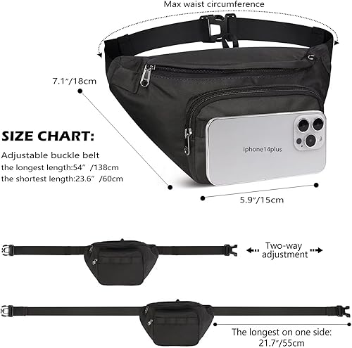 Vista 4 de Riñoneras ajustables unisex con cremallera YKK, agujero para auriculares, ligeras, multiusos, bolsas cruzadas, Negro -, Moda