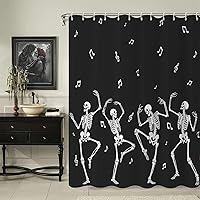 Vista 12 de Cortina de ducha de Halloween, para amantes de la música rock and roll en blanco y negro, divertida cortina de baño de esqueleto de calavera