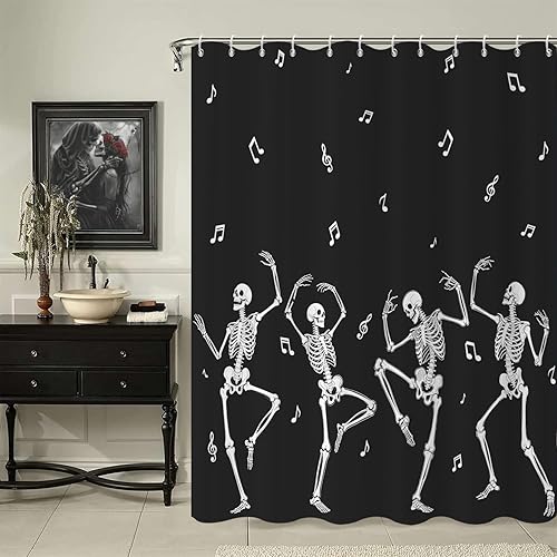 Miniatura 12 de Cortina de ducha de Halloween, para amantes de la música rock and roll en blanco y negro, divertida cortina de baño de esqueleto de calavera