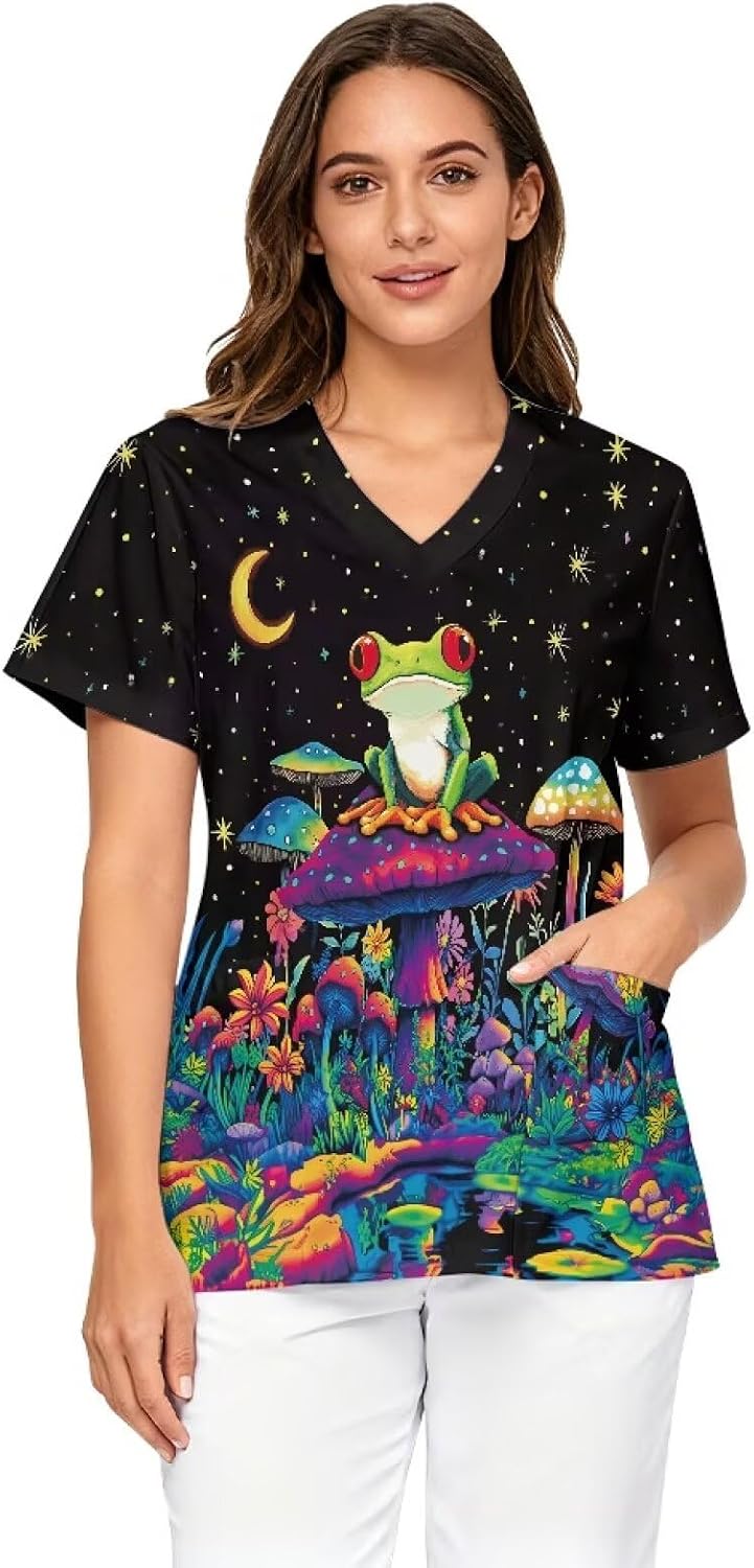 Oversized Scrubs for Women V Neck Printed Medical Scrub Tops Soft Nurse Uniform Shirts with Pockets Size S - 5XL