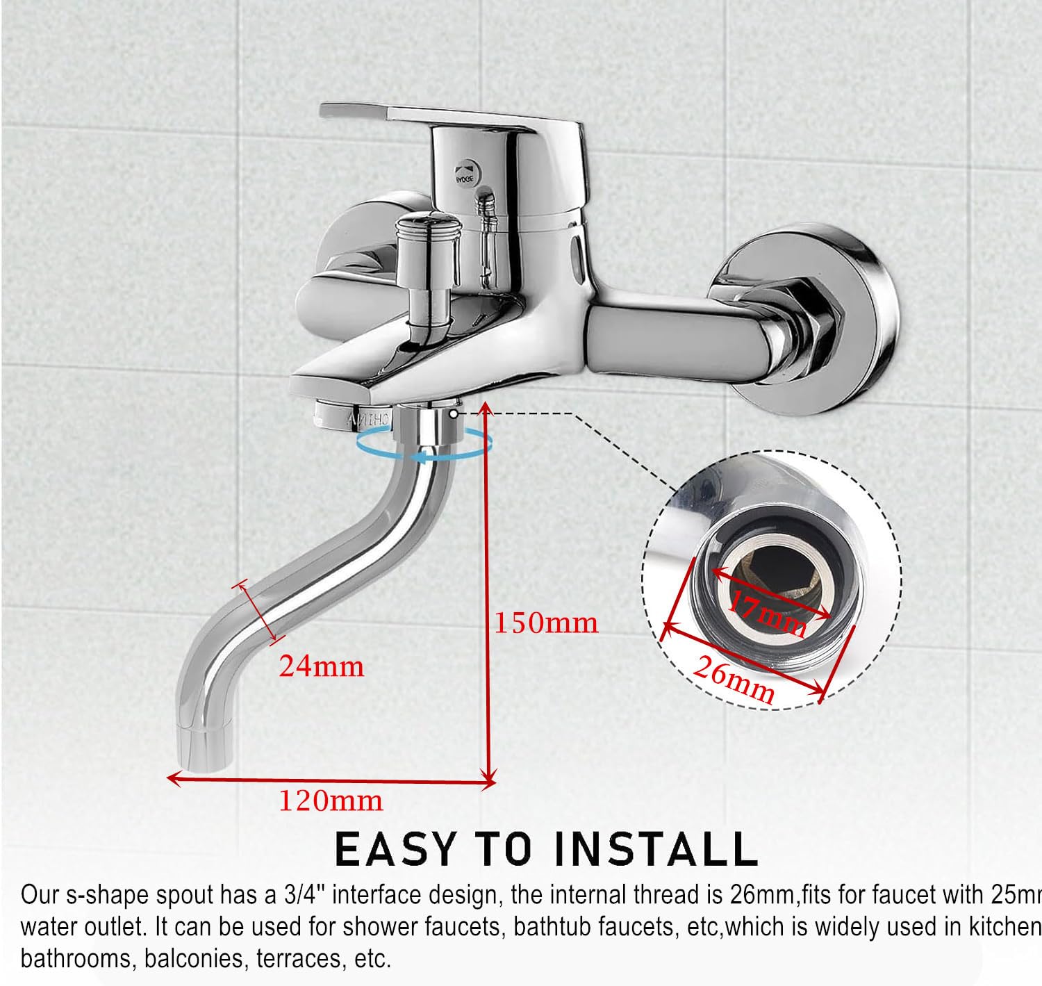Robinet de rechange pour robinet, raccord 3/4", universel en S pivotant pour ensemble robinet mural, bec en S pour robinets muraux, chromé (3/4'')