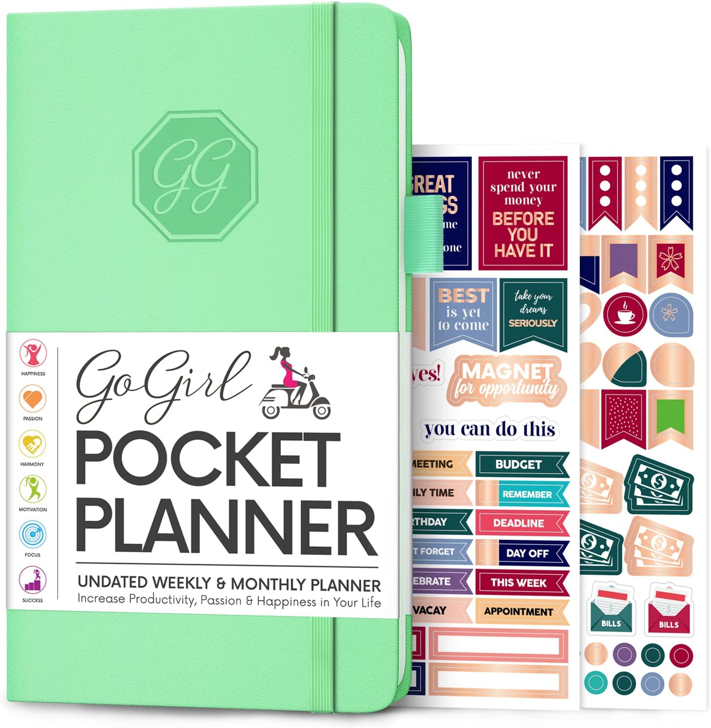 GoGirl Undated Pocket Planner, Small Weekly Life Agenda, Mint Green